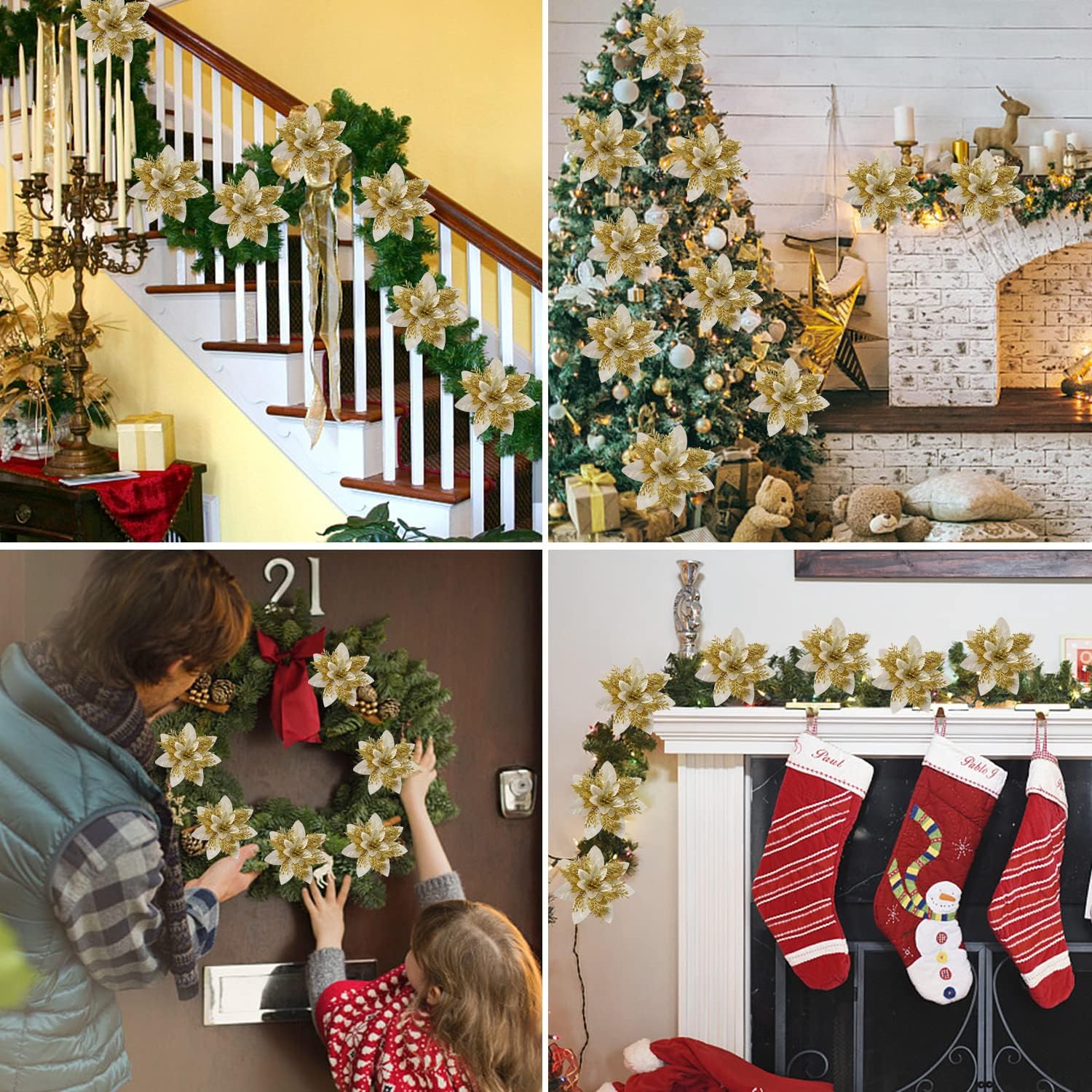10 Pcs 13cm5.2in Poinsettia Artifical Flowers with Clips and Stems, Glitter Christmas Tree Ornaments Supplies for Xmas Wedding Party Happy New Year