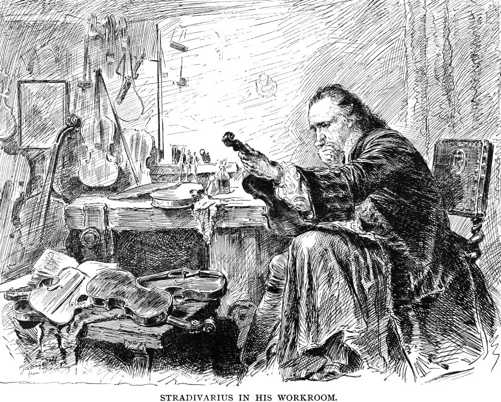 Antonio Stradivari N (1644-1737) Violinero italiano en su taller en Cremona Italia Dibujo a pluma y tinta de finales del siglo XIX por Valerian