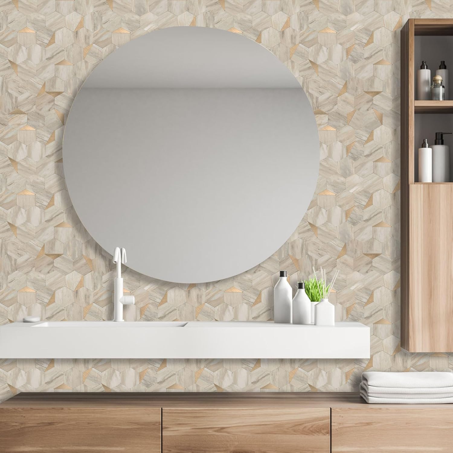 OYASIMI Azulejos hexagonales de 10 hojas, 12.2 x 11.34 pulgadas, azulejos de pared de PVC 3D de metal mixto de mármol beige para salpicaduras para