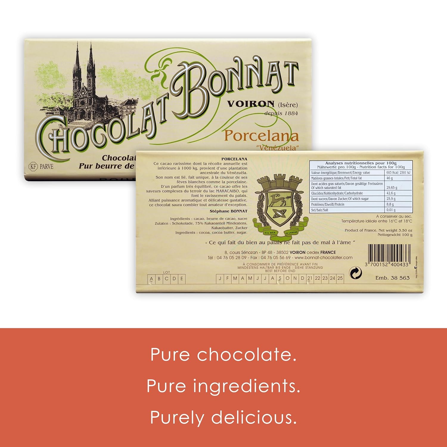 Bonnat Porcelana 75% chocolate negro paquete de 5 unidades  Chocolate francés  grano a barra, propiedad familiar  Sin soja, sin gluten, vegano,