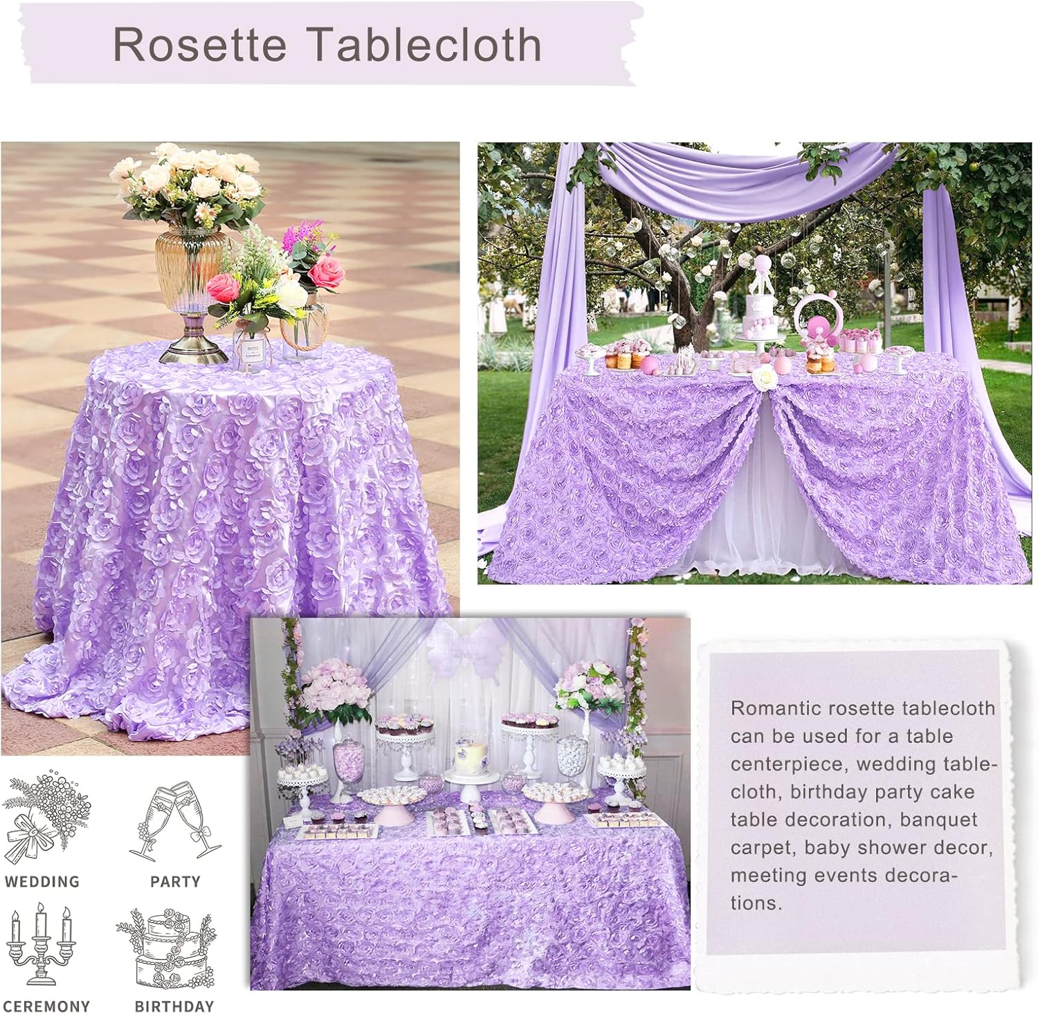 Mantel rectangular con diseño de rosetas 3D de satén para decoración de boda