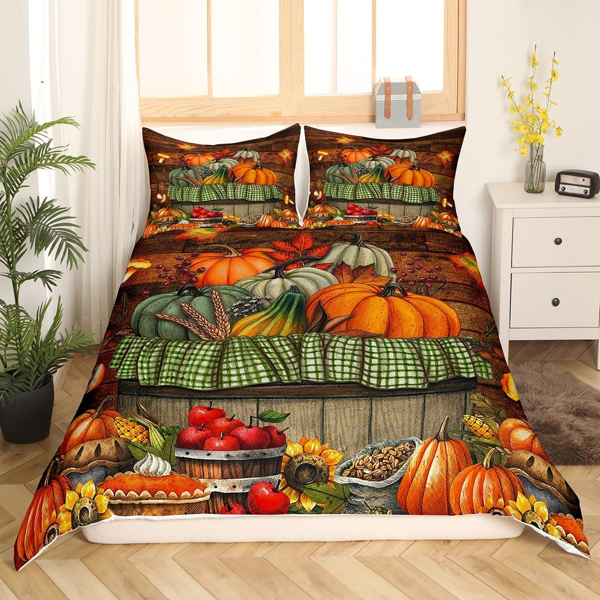 Juego de ropa de cama de cosecha de otoño, tamaño Queen para niños, niñas y mujeres, regalos para el día de Acción de Gracias, funda de edredón