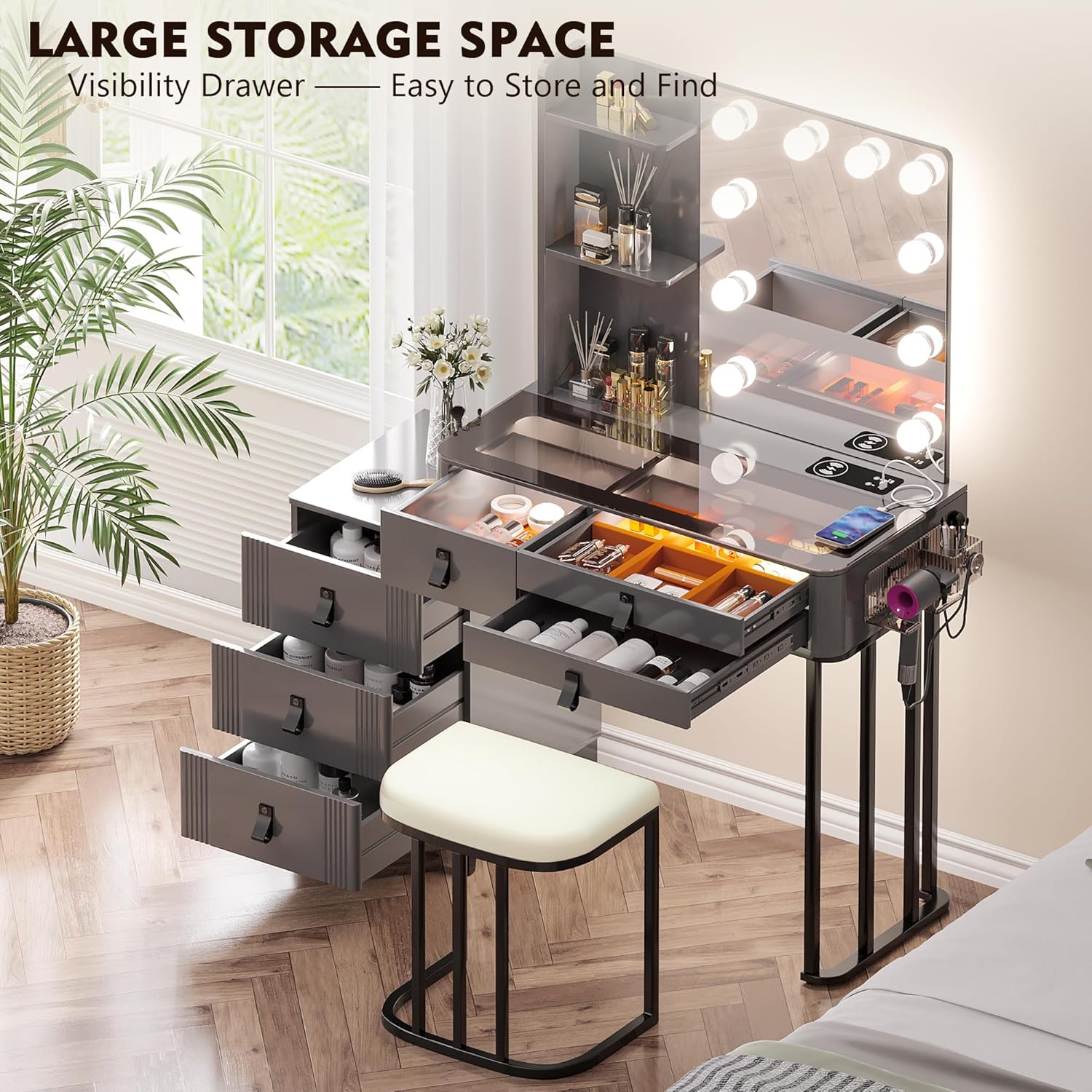 Gurexl Juego de tocador de maquillaje con espejo, tocador de maquillaje moderno con parte superior de vidrio y 10 bombillas, juego de tocador con