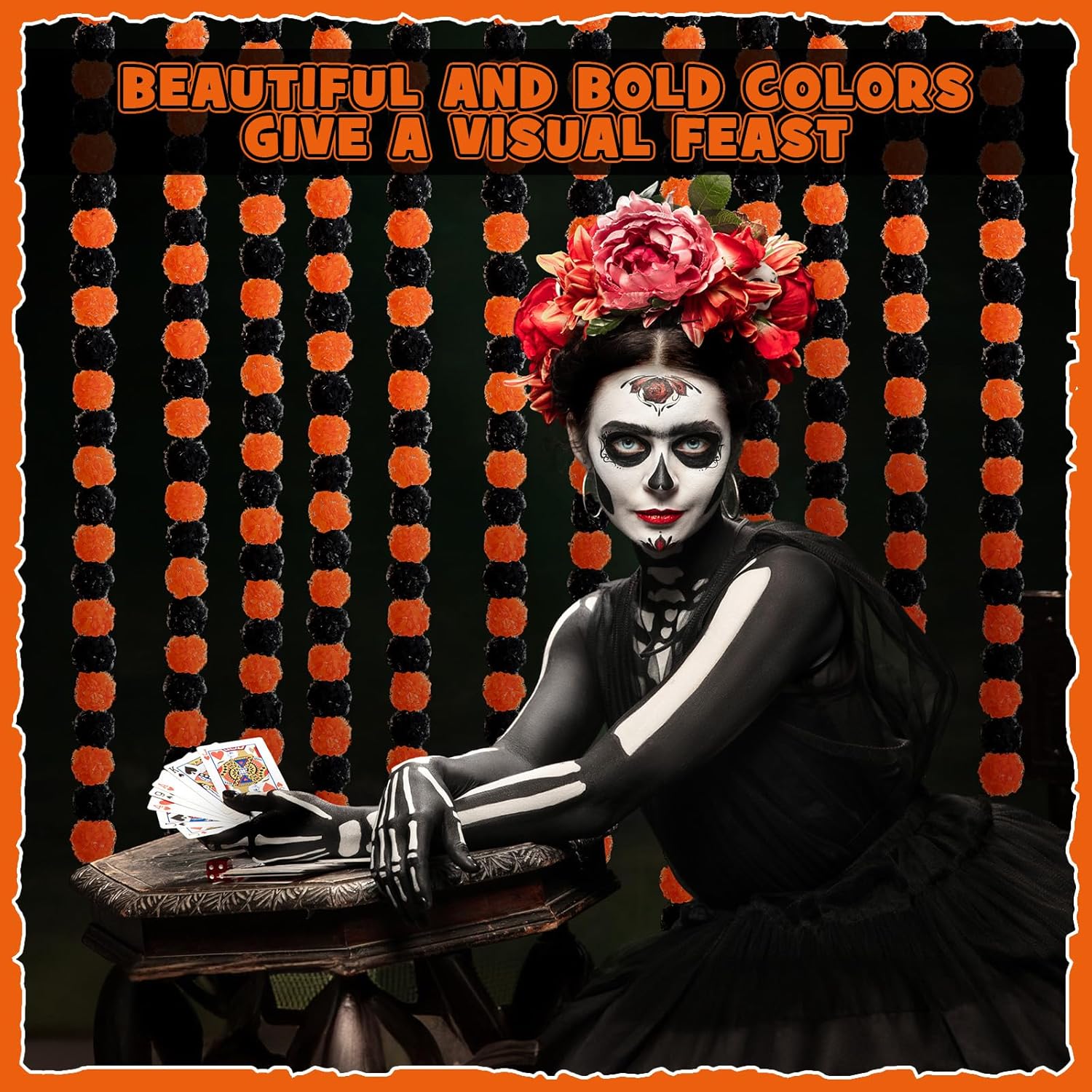 Yunsailing Guirnalda de caléndula naranja de 5 pies para el Día de los Muertos, guirnalda de flores artificiales de caléndula para boda, decoración