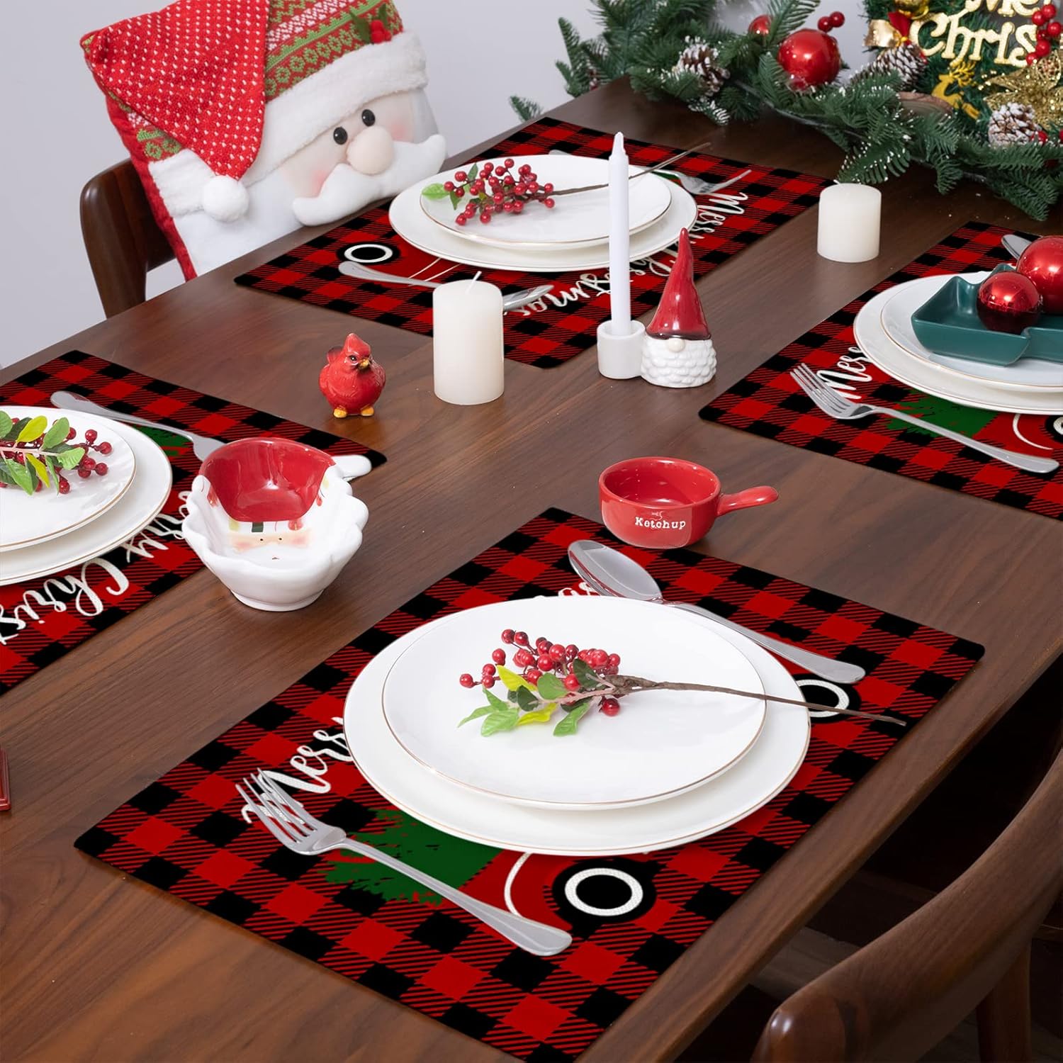 Juego de 4 manteles individuales de Navidad, manteles individuales de tela reversible resistente al calor para decoración navideña de camión de