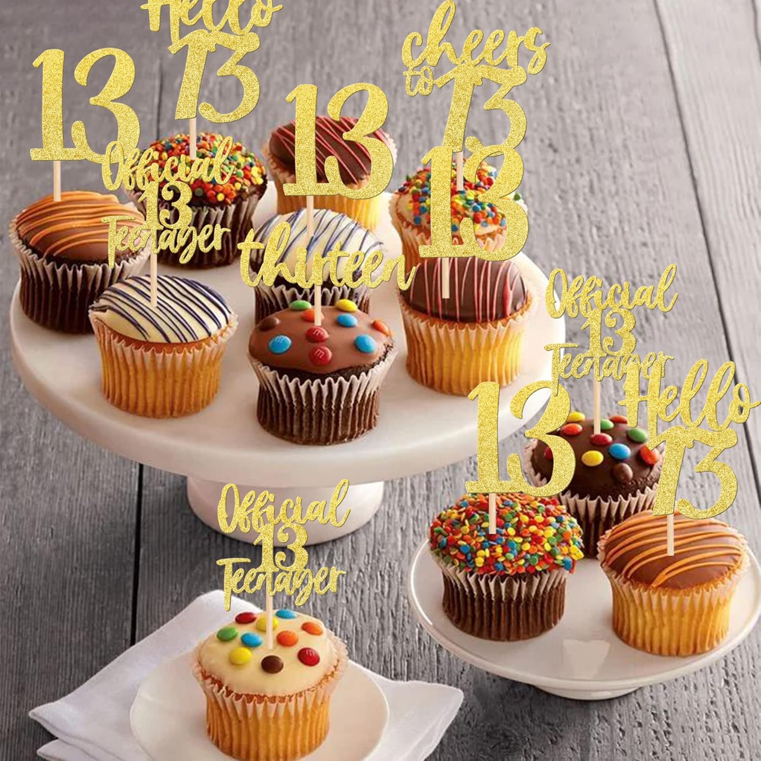 30 piezas de decoración para cupcakes de feliz cumpleaños 13 con purpurina Hello 13 oficiales para adolescentes, decoración de pasteles de trece