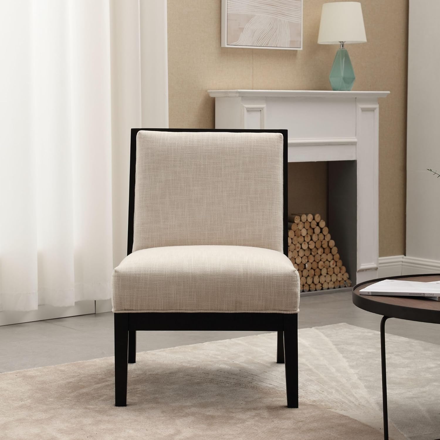 Comfy Accent – Silla de lectura, tapizada de lino con patas de madera negra, silla auxiliar pequeña para sala de estar, dormitorio y sala de