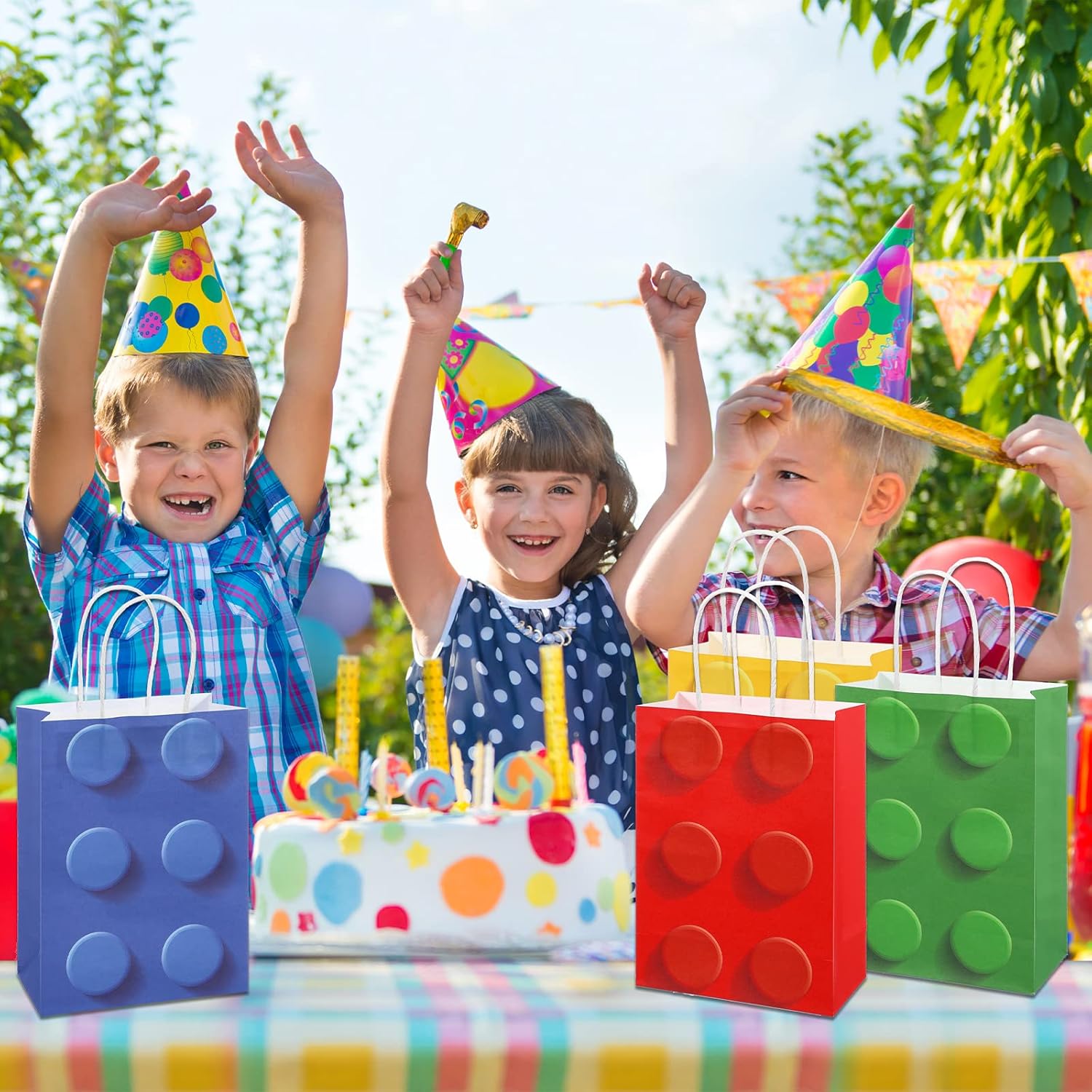 Bolsas de regalo de fiesta de bloques de construcción, bolsas de papel de dulces de ladrillos, bolsas de regalo con asa para bloques de