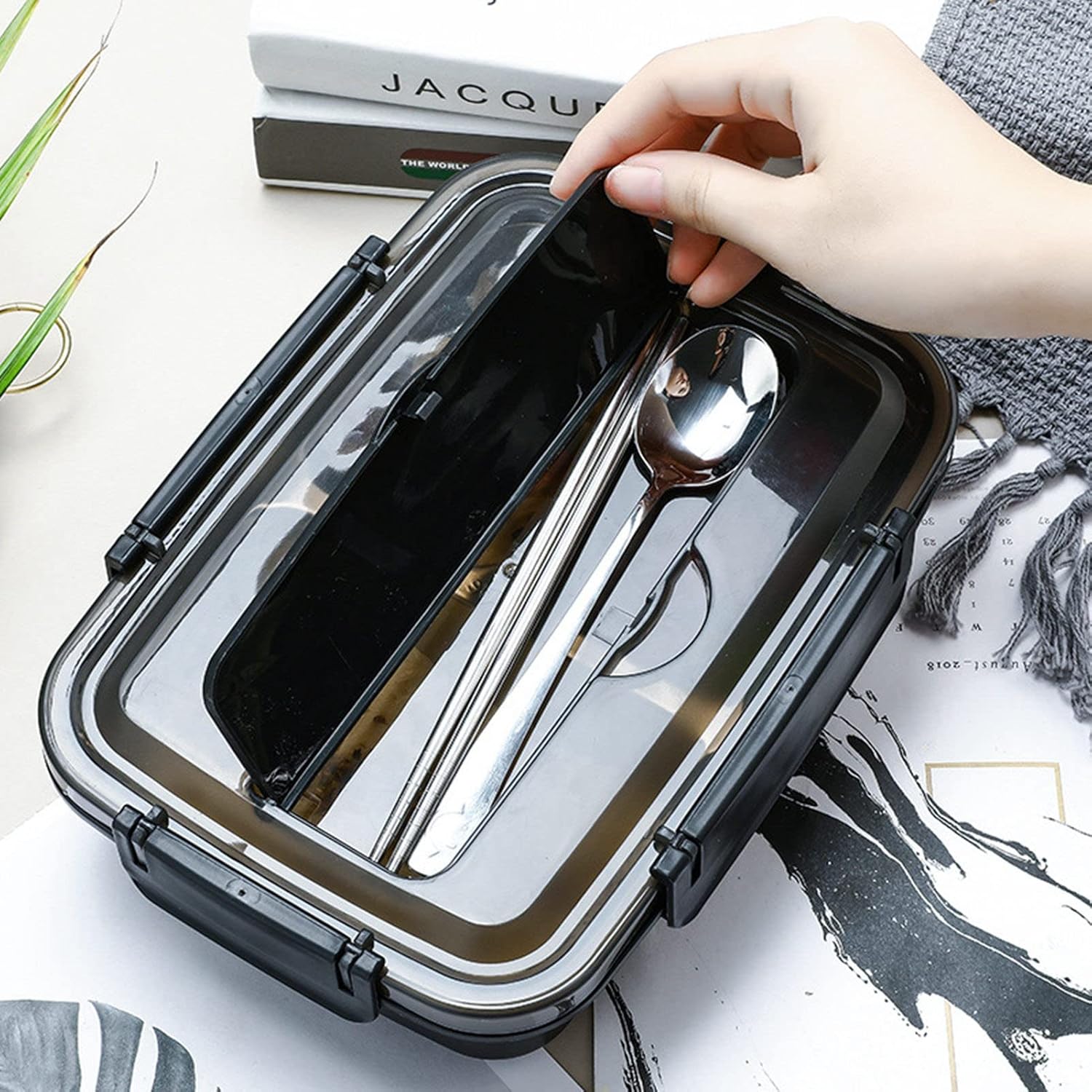 Niiyen Lonchera portátil de acero inoxidable 304 Bento Box Lunch Containers Caja de almacenamiento de alimentos con 4 compartimentos vajilla para