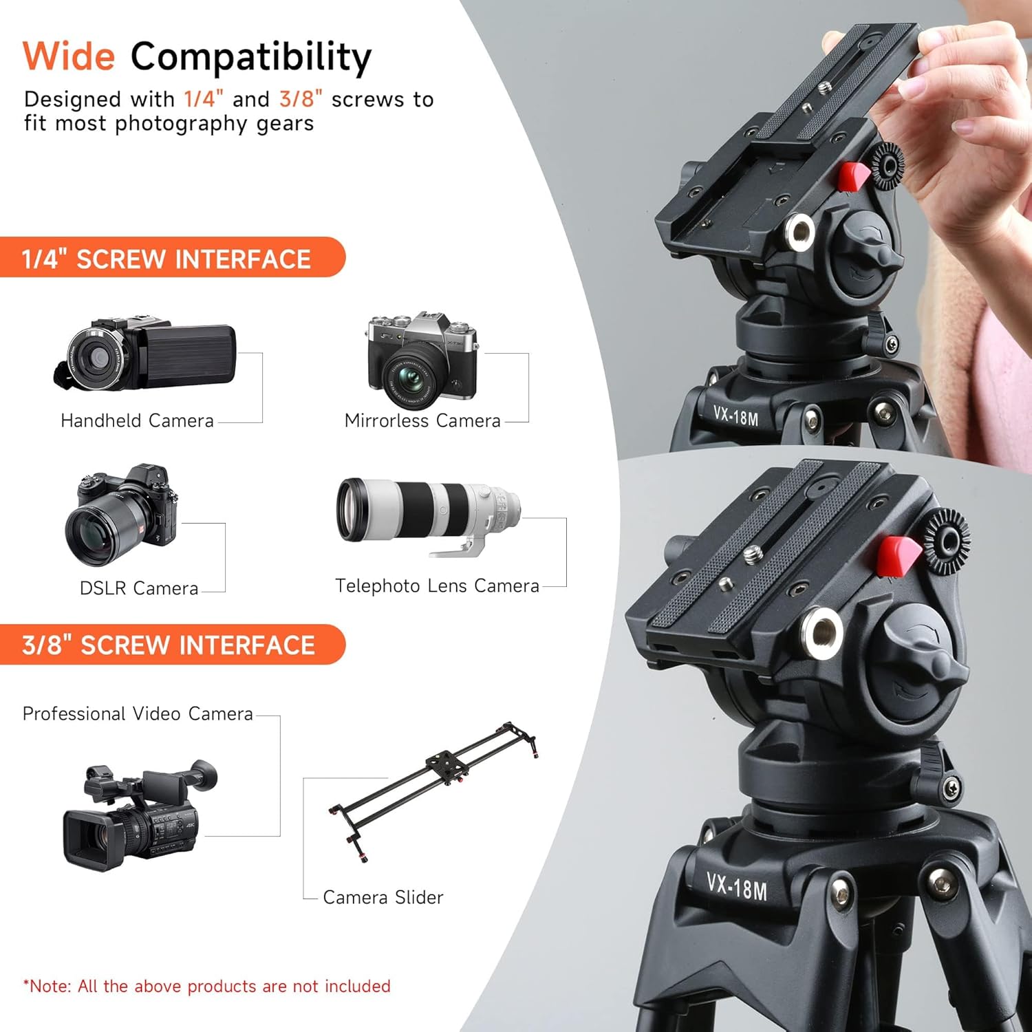 VILTROX Trípode de cámara de video profesional de 74 pulgadas74.0 in con cabezal de arrastre fluido y placa QR, tubo doble de aluminio, para Canon