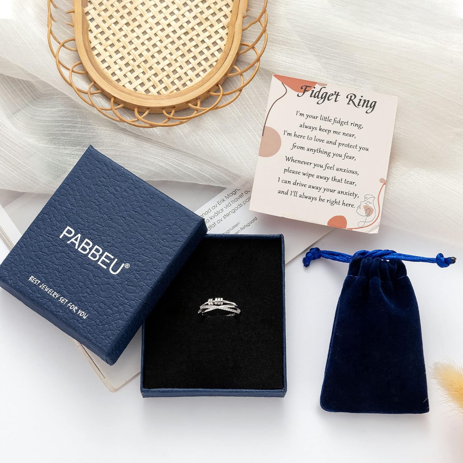 PABBEU Anillo de ansiedad para mujer, plata de ley 925, con circonita cúbica, ajustable, para aliviar el estrés, anillo de ansiedad para niñas y