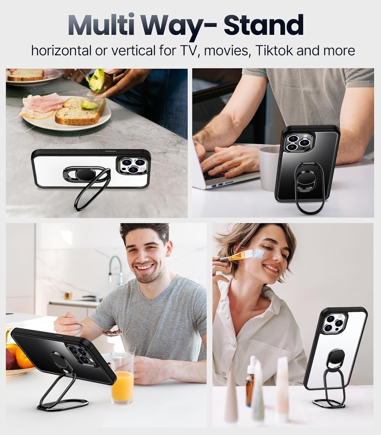 Shields Up Funda para iPhone 15 Pro con soporte, funda transparente con soporte de doble anillo ajustable y plegable a prueba de golpes para iPhone