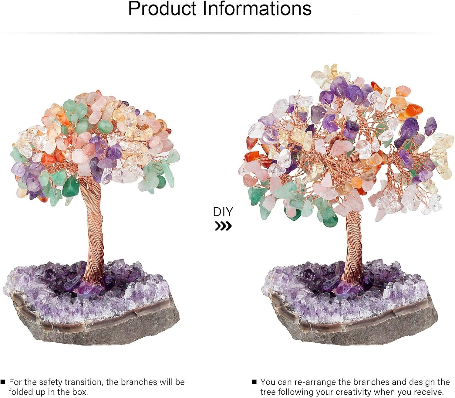 Yatming – Árbol colorido de piedra curativa con base de racimo de geoda de amatista natural, decoración de árbol bonsái de Feng Shui para riqueza