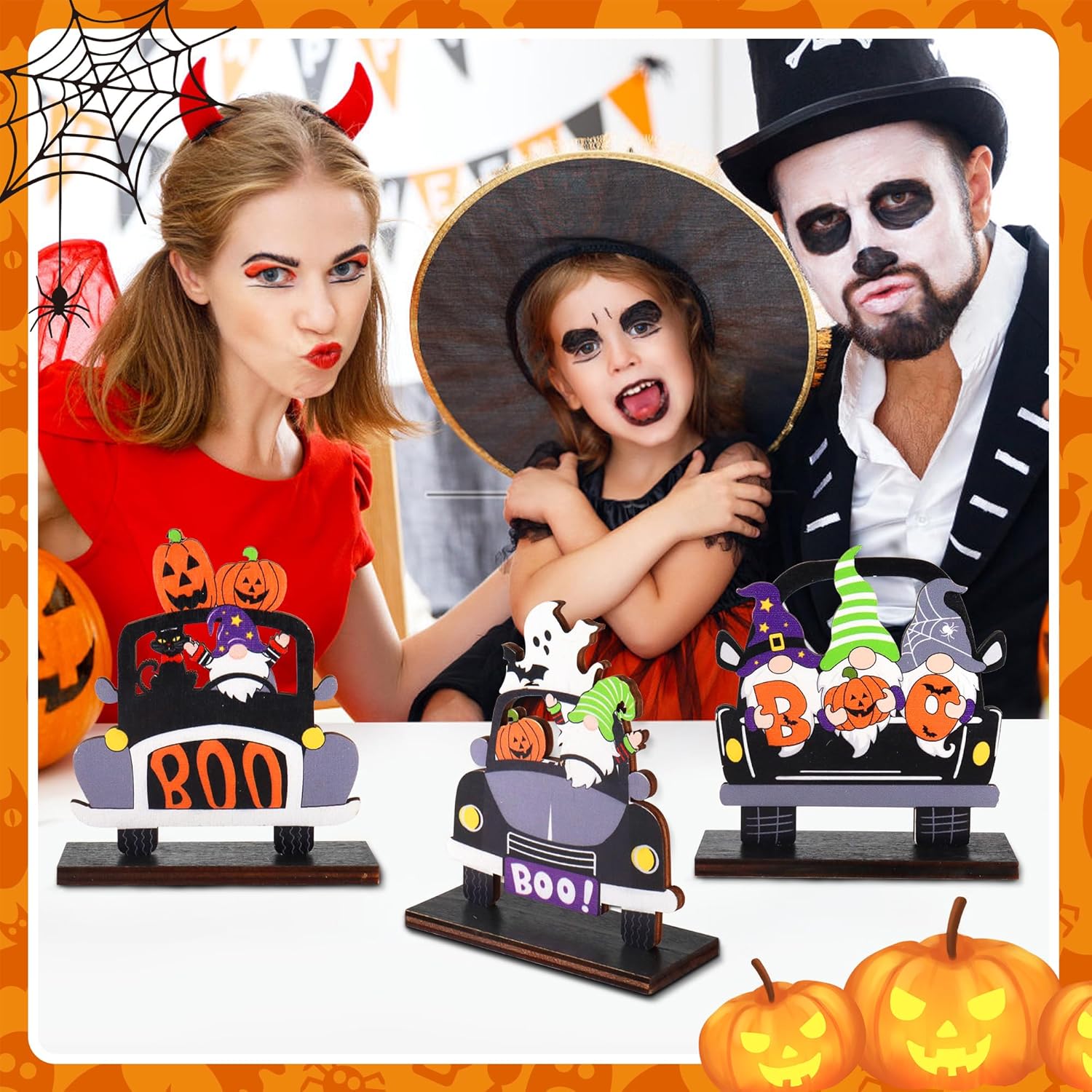 Letrero de mesa de madera de Halloween, centros de mesa de Halloween, calabaza, fantasma, murciélago, madera, decoración de coche, 3 piezas