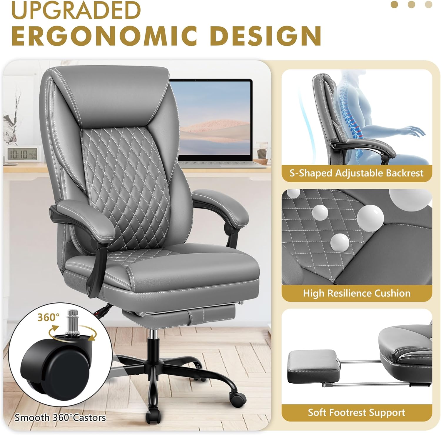 BestEra Silla de oficina, silla de oficina grande y alta, silla de oficina ejecutiva con reposapiés, silla de oficina ergonómica, sillas de