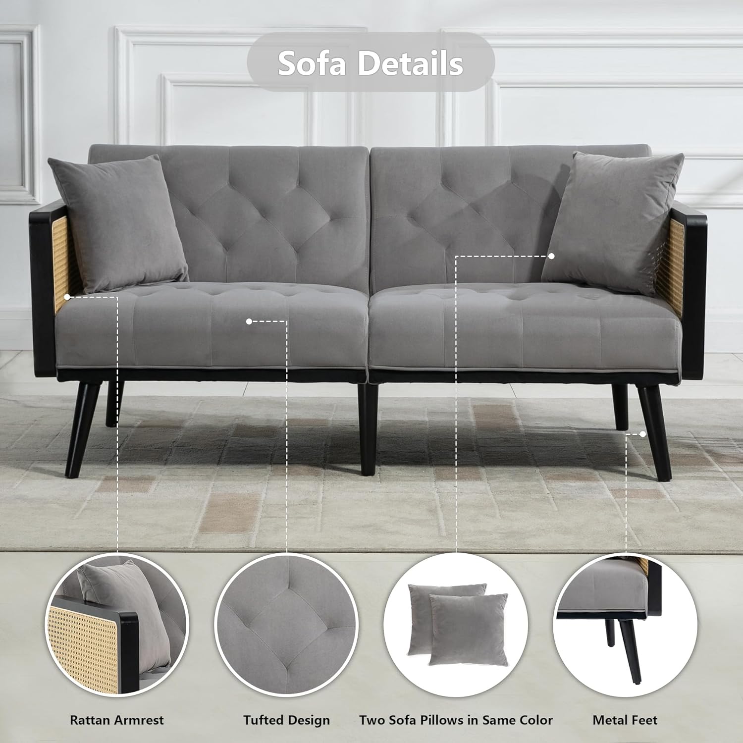 Dolonm Sofá de terciopelo de 62 pulgadas con reposabrazos de ratán y 2 almohadas, sofá biplaza con pies de metal, moderno sofá convertible futón,