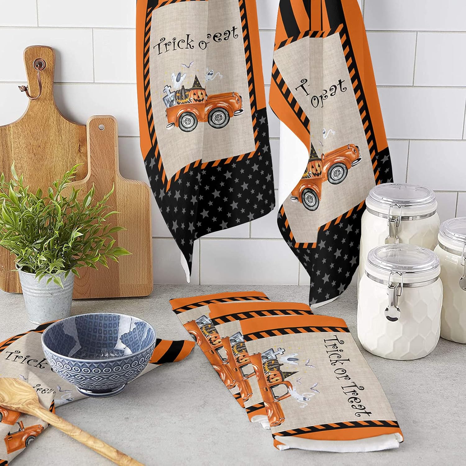 2 Packs Kitchen Towels and Dishcloths Sets, Happy Halloween Trick Or Treat Jack-O’-Lanterns Orange Truck 18 x28 Inch Cotton Dish Towel, Absorbent