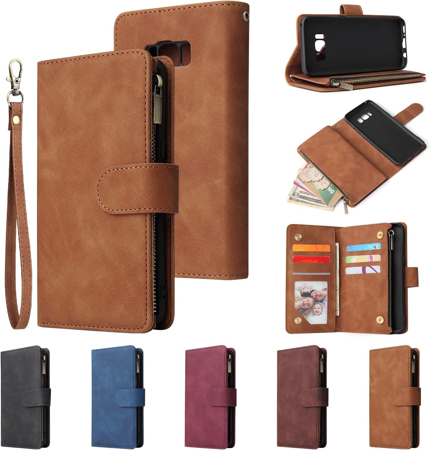 UEEBAI Funda tipo cartera para Samsung Galaxy S8, de piel sintética vintage de alta calidad, cierre magnético, bolsillo con cremallera, ranuras para