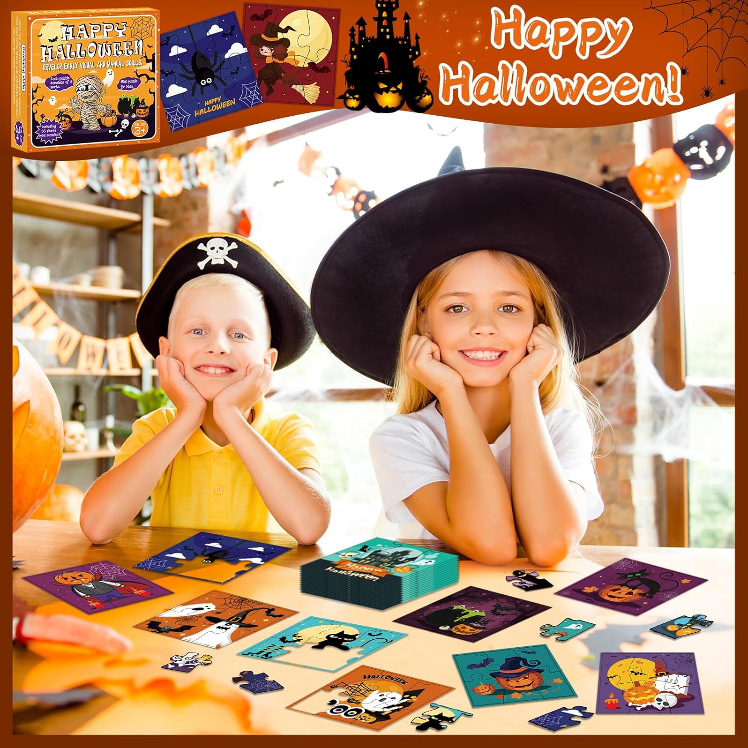 Juego de 36 piezas de rompecabezas de Halloween para niños, rompecabezas de papel de Halloween, miniaturas, regalos para la escuela, aula,
