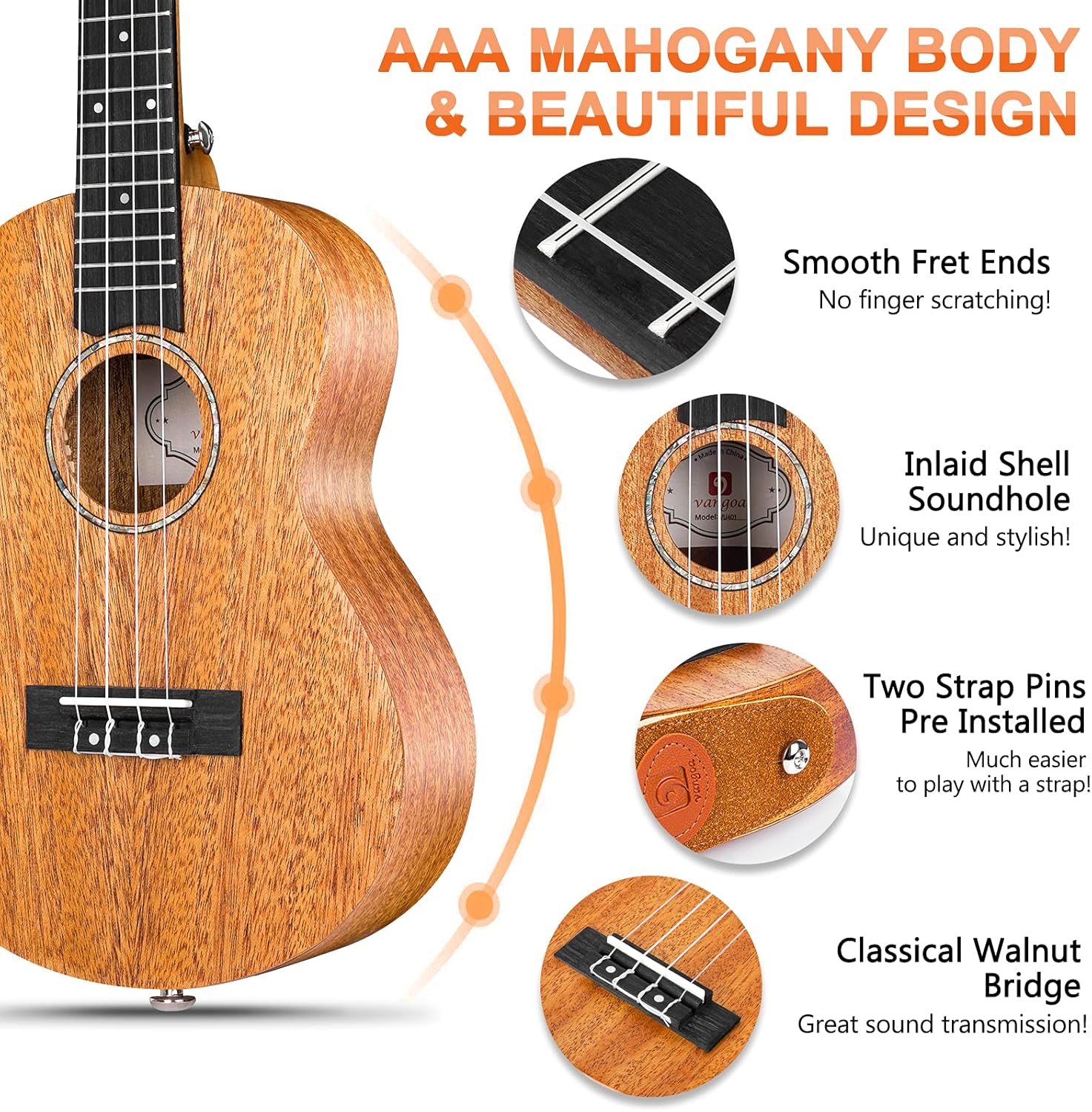 Vangoa Ukelele de concierto para principiantes, caoba de 23 pulgadas, ukelele para principiantes adultos con kit completo, ukelele hawaiano para