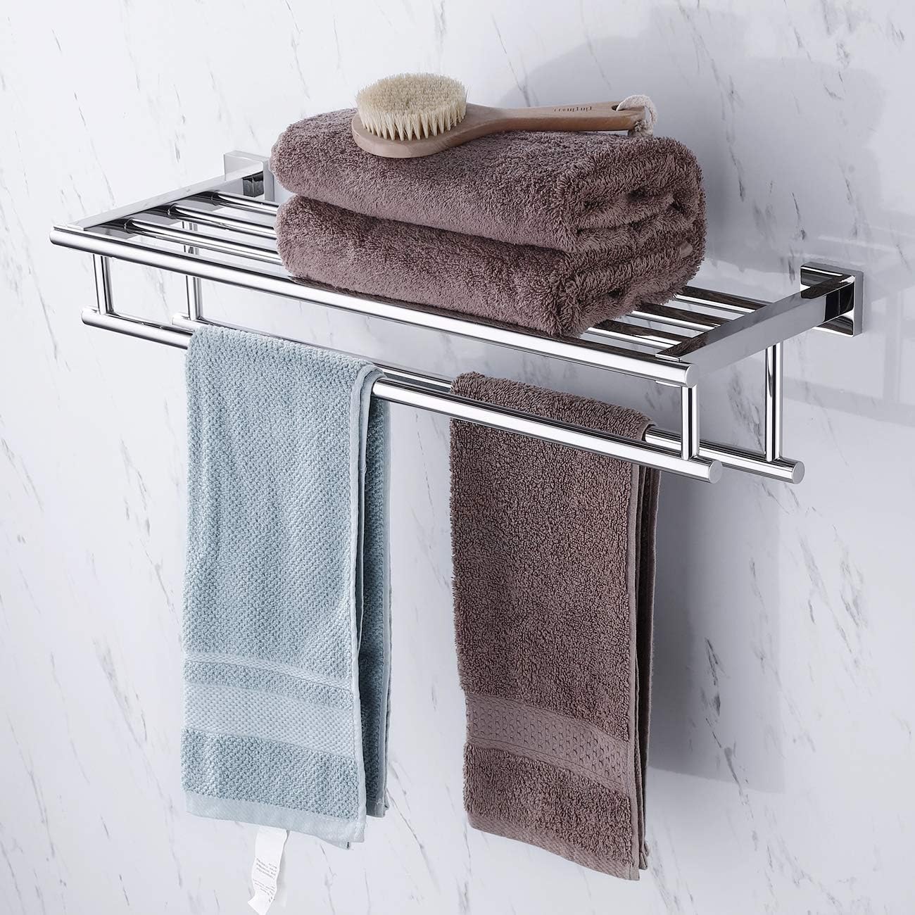 Estante con barras para toallas KES A2112, minimalista, de acero inoxidable, rack con dos ganchos para toallas, Acero inoxidable, Pulido, 24 –