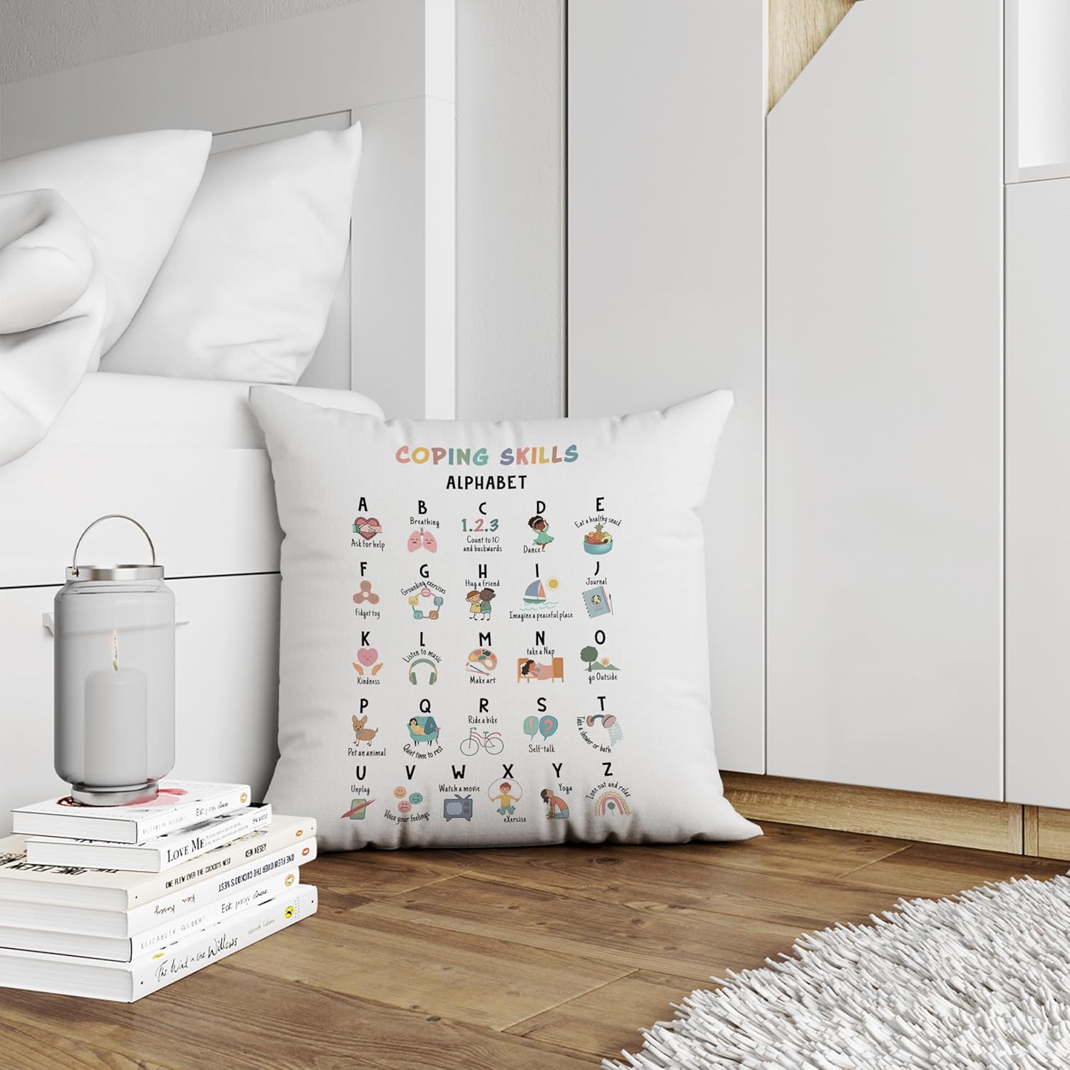 Coping Skills ABC – Fundas de almohada de 18 x 18 pulgadas, decoración de salud mental, fundas de almohada de oficina de asesoramiento, decoración
