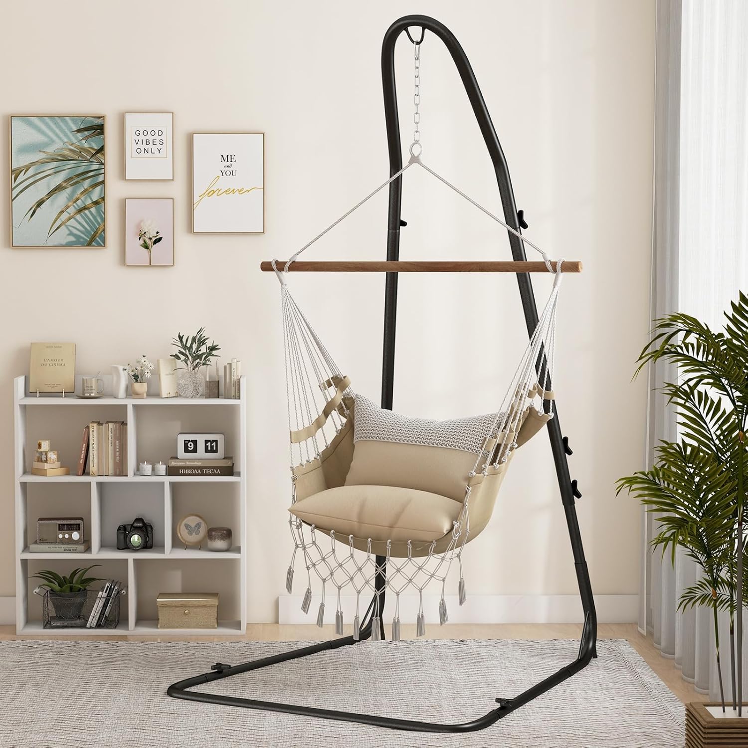 Giantex Soporte de hamaca para exterior, soporte de columpio de metal resistente con gancho de seguridad y cadena resistente, soporte de silla