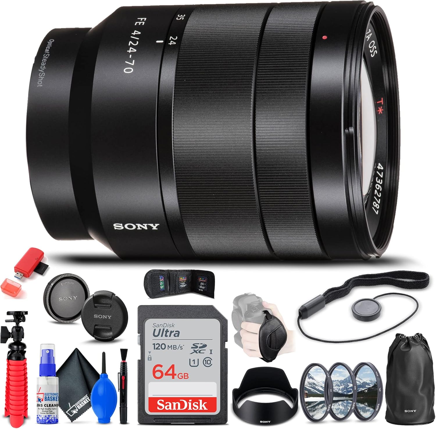 Sony Vario-Tessar T* FE 0.945-2.756 in f4 ZA OSS Lens (SEL2470Z) + Filtro + Mochila + Tarjeta de 64GB + Lector de Tarjetas + Trípode Flex + Cartera