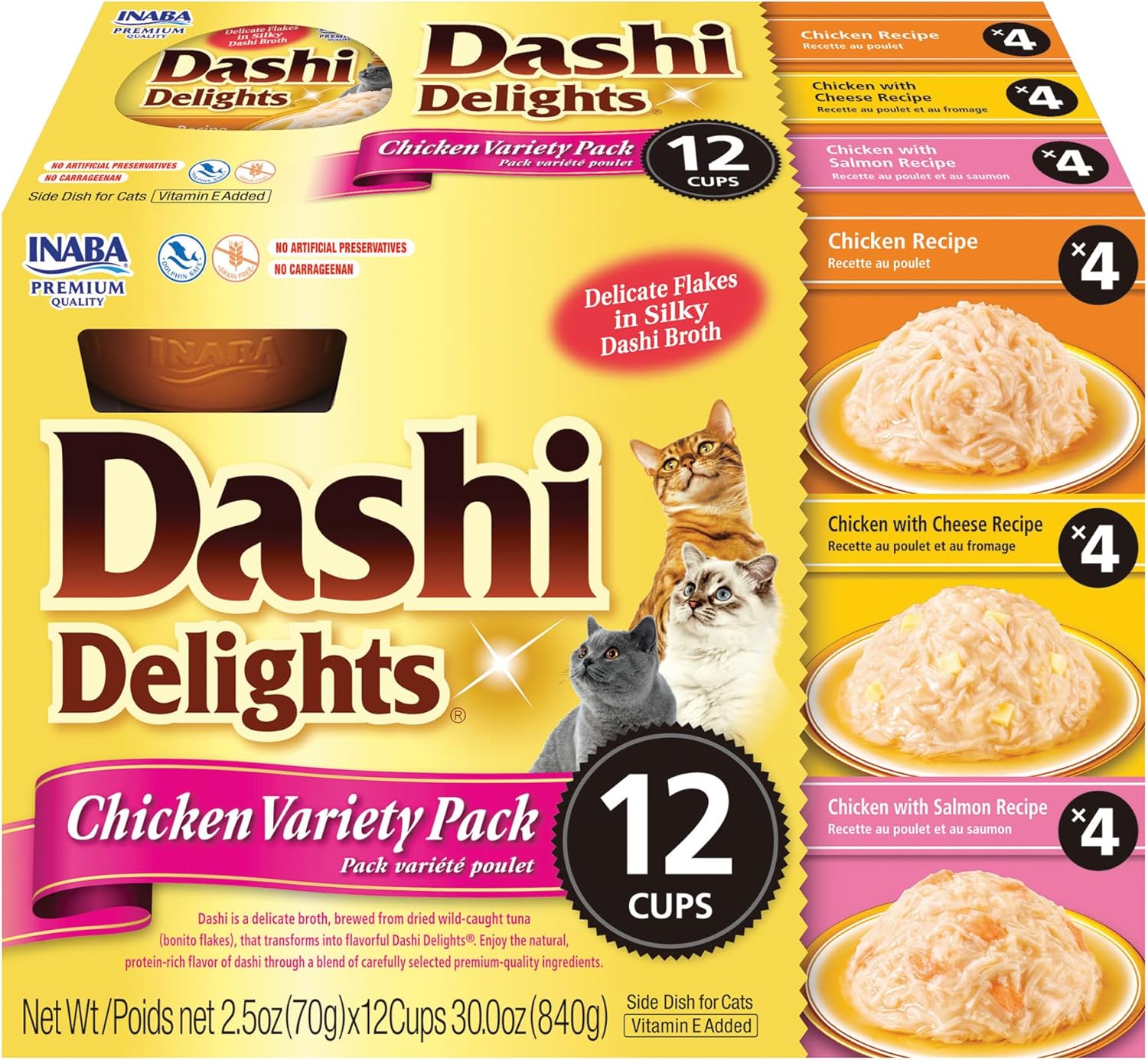 INABA Dashi Delights para gatos, pollo rallado con caldo de hojuelas Bonito, taza de 2.5 onzas, 12 tazas en total, variedad de pollo