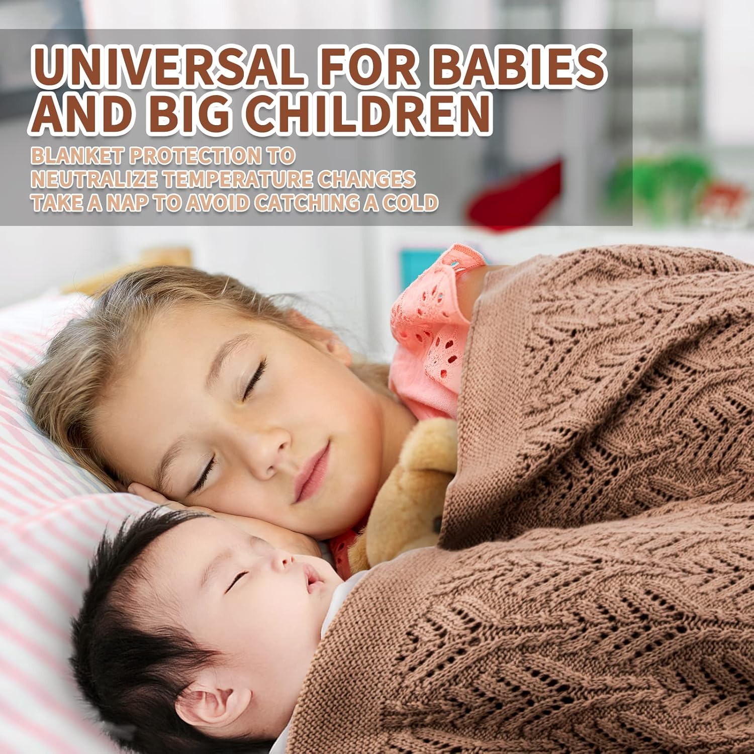 Manta de bebé de punto neutro, mantas de algodón orgánico suave de ganchillo para niñas y niños, tamaño 43 x 35 pulgadas, color café claro