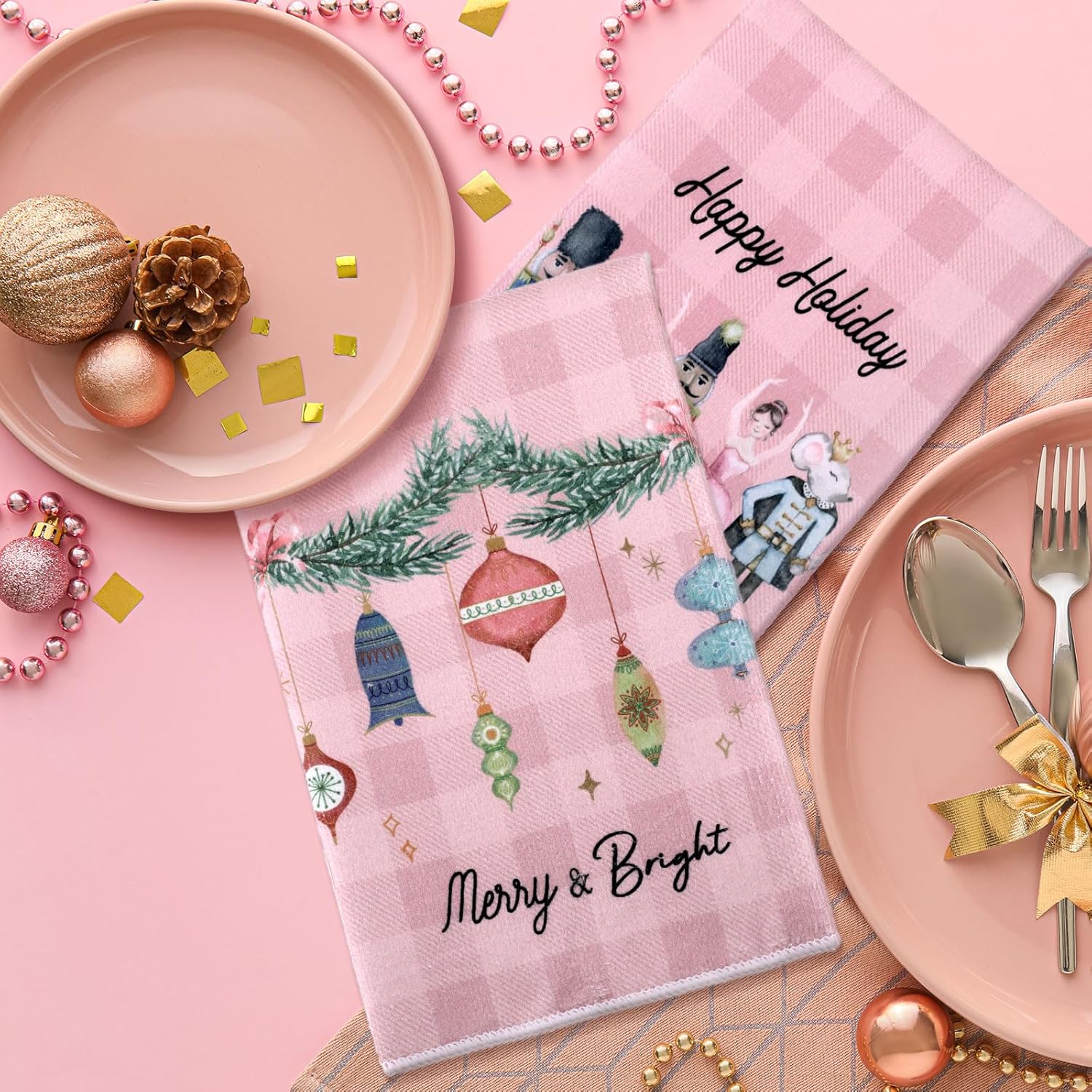 6 toallas de cocina de Navidad, diseño de árbol de cascanueces, toallas de mano a cuadros de búfalo rosa y blanco, paños de cocina de invierno para