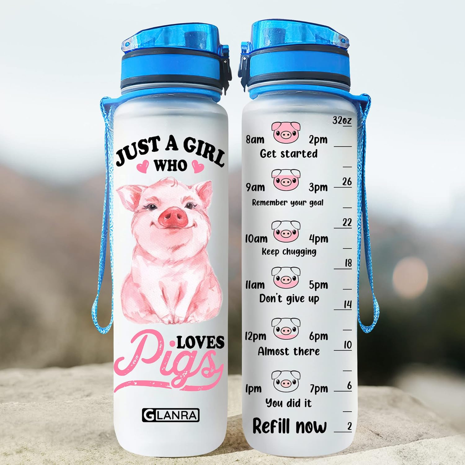 Botella de agua de cerdo, regalos para los amantes de los cerdos, botella de cerdo de 32 onzas grande con tiempos para beber, botella de agua