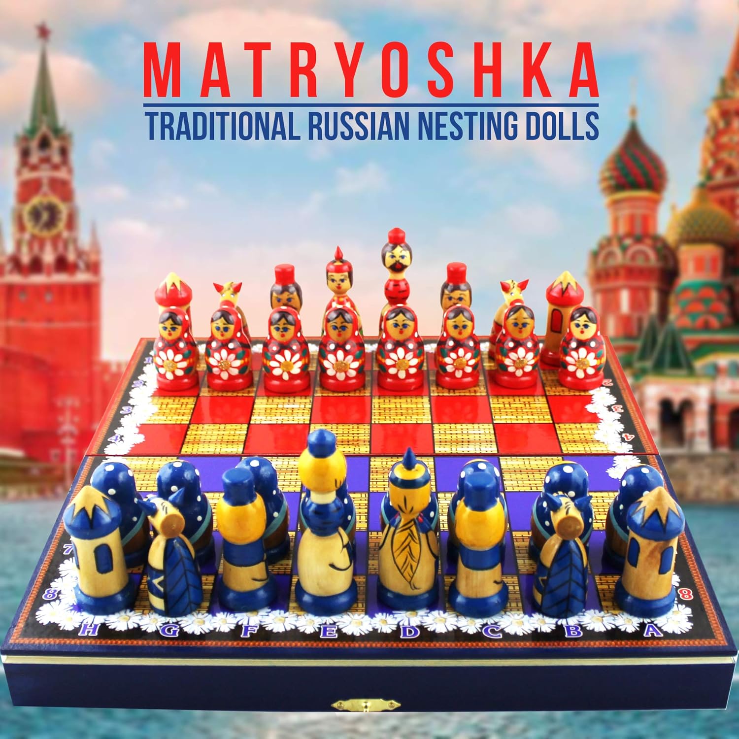 Matryoshka Dolls Juego de ajedrez de madera – Juego de ajedrez ruso pintado a mano margaritas de granja con temática de flores