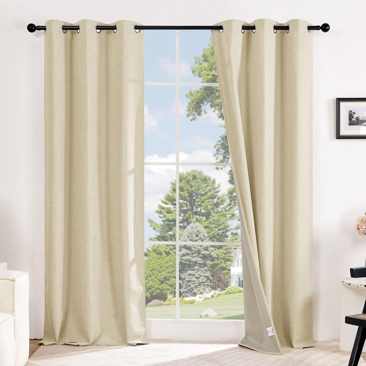 Deconovo Cortinas totalmente opacas, paneles de cortina de lino sintético con ojales, oscurecimiento de habitación, cortinas de ahorro de energía