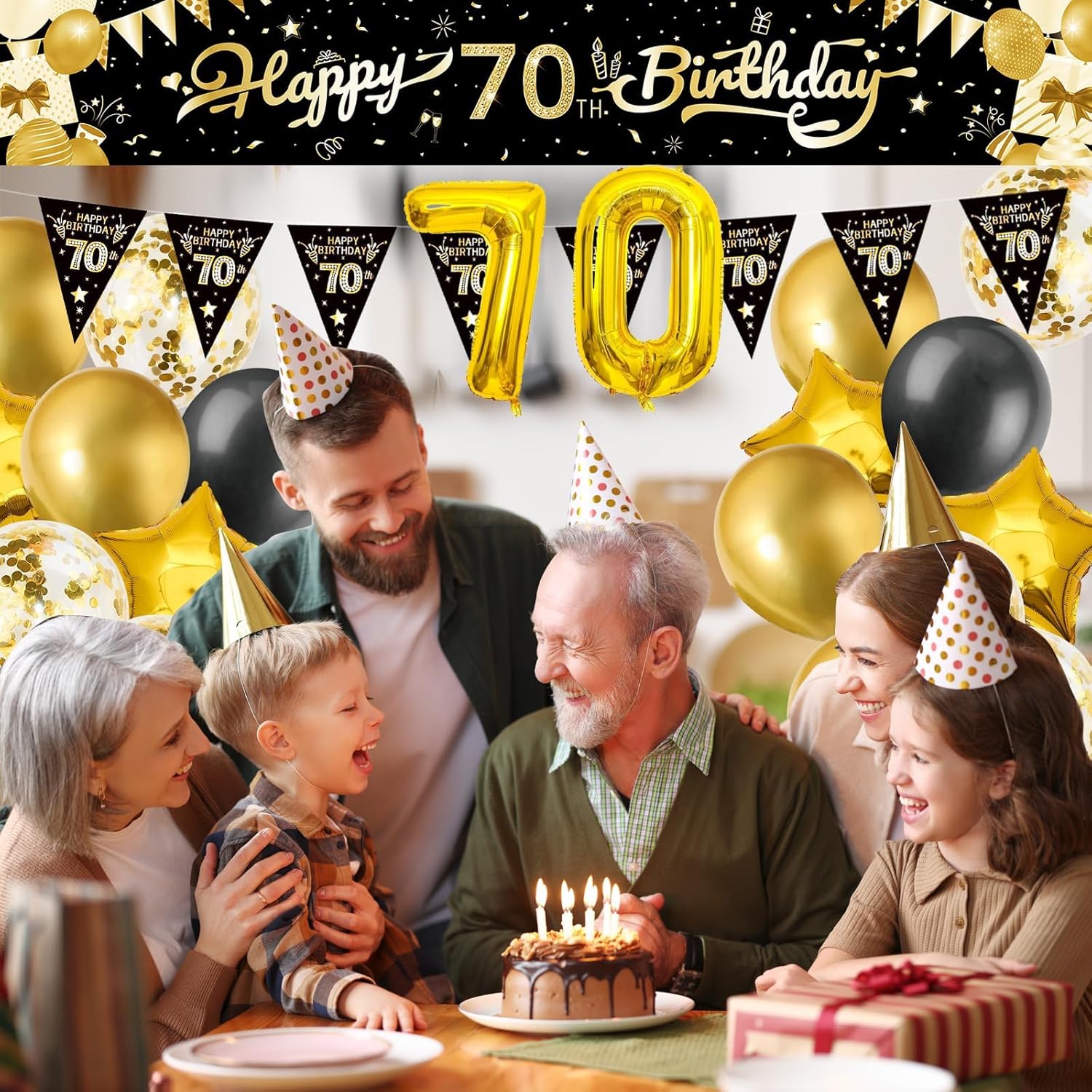 Cartel grande de decoración de cumpleaños 70 de 9.8 x 1.6 pies, juego de decoración de fiesta de feliz cumpleaños negro y dorado, telón de fondo de