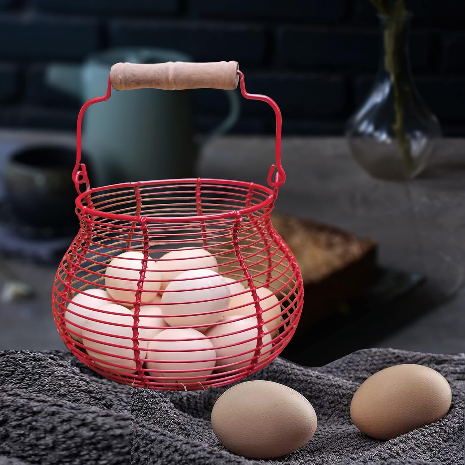 Cesta de huevos para recoger huevos frescos, cesta de recolección de huevos, color rojo, cesta redonda de alambre de metal de pollo para soporte de