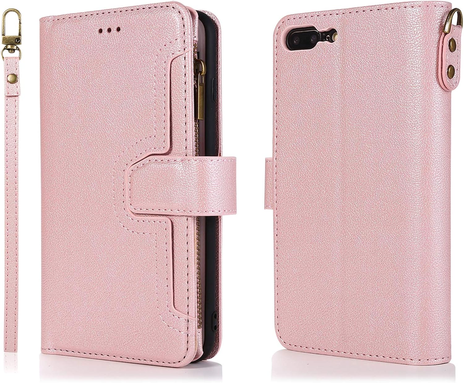 QLTYPRI Funda para iPhone 7 Plus 8 Plus, de piel premium, tarjetero con función atril, correa de muñeca, cierre magnético, monedero con cremallera