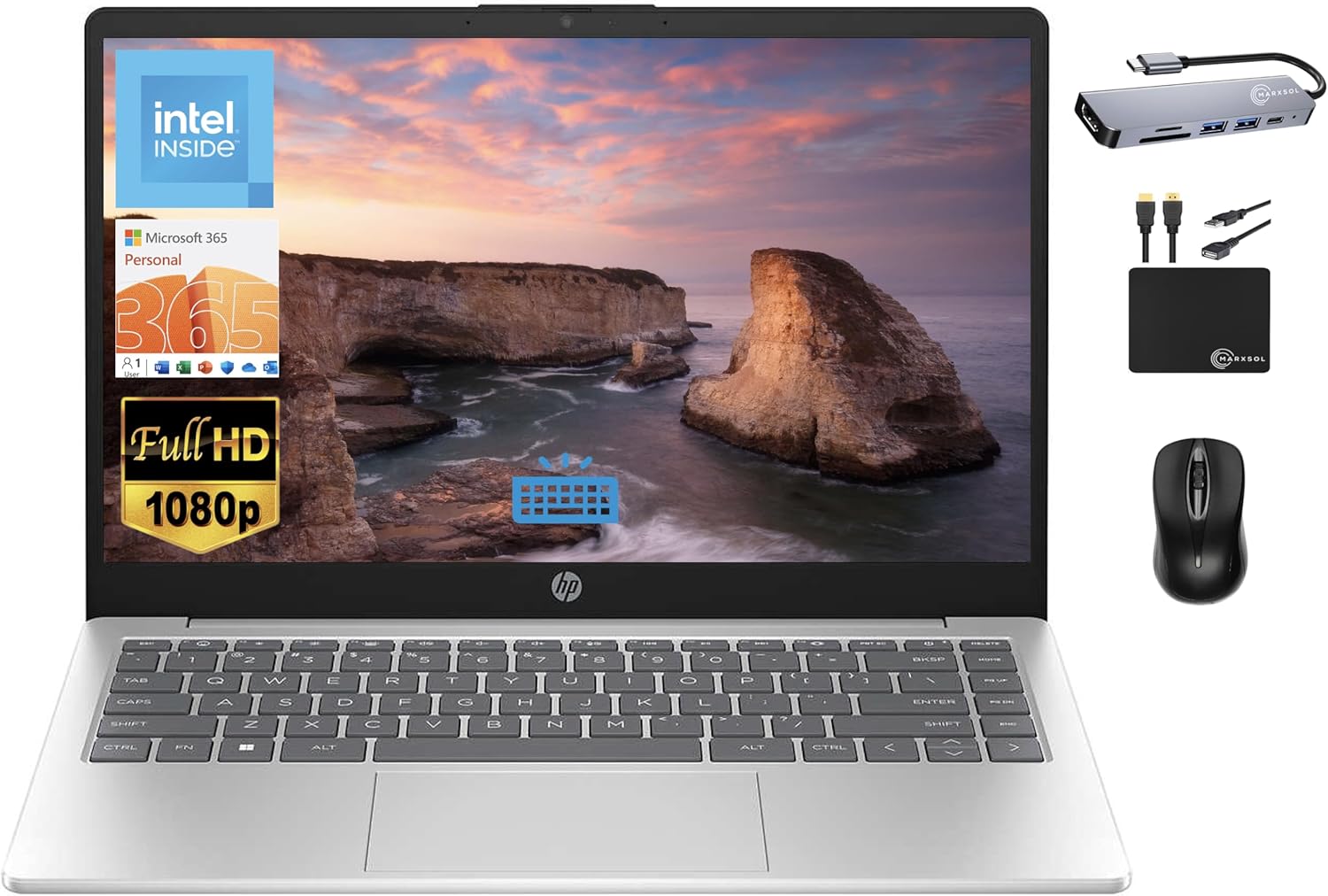 HP Laptop Essential 2024, pantalla FHD IPS de 14 pulgadas, procesador Intel de cuatro núcleos de hasta 3.7 GHz, memoria de 8 GB, SSD de 256 GB, KB