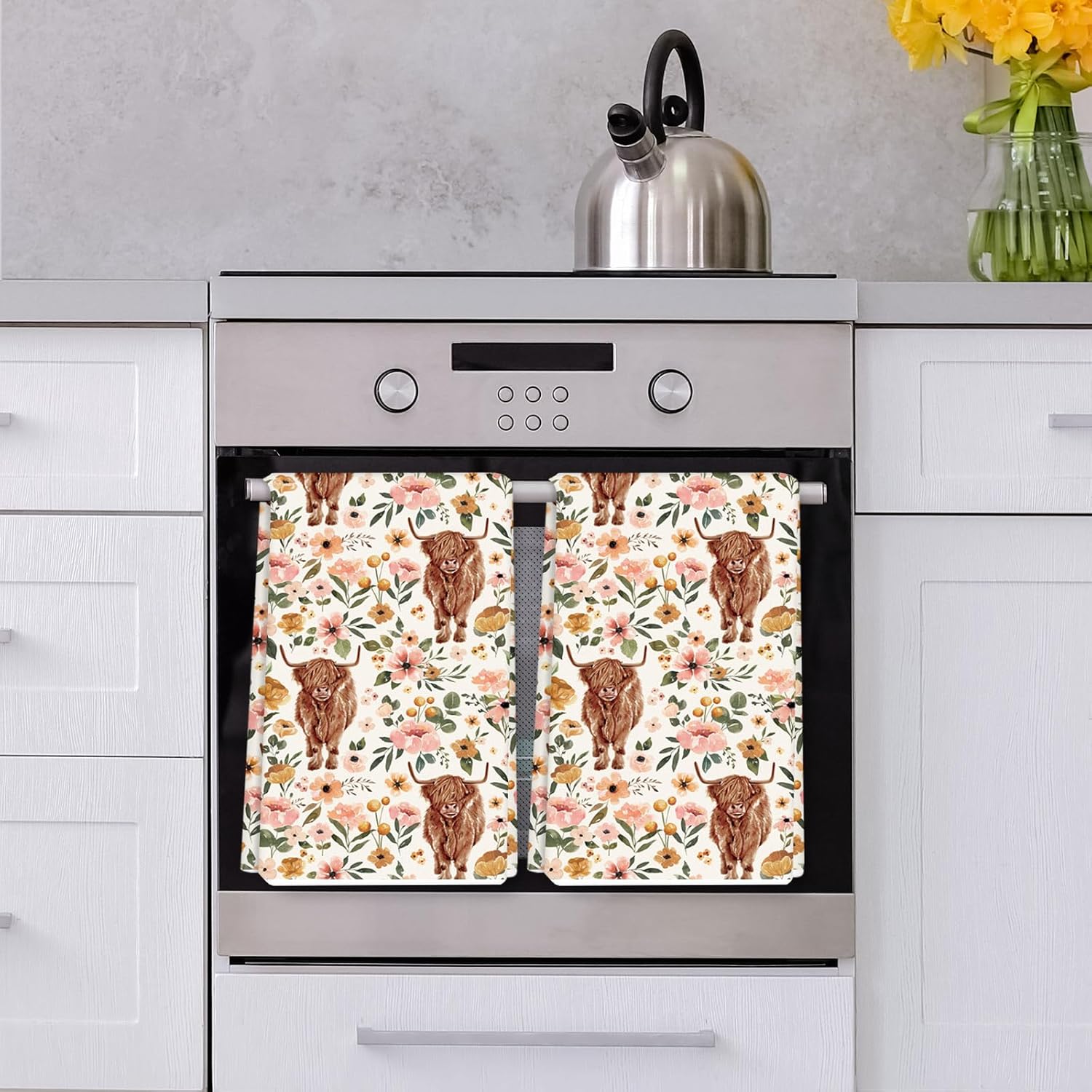 AnyDesign Toalla de cocina de vaca de las tierras altas con estampado floral bohemio de 18 x 28 pulgadas, paño de cocina de granja de acuarela para