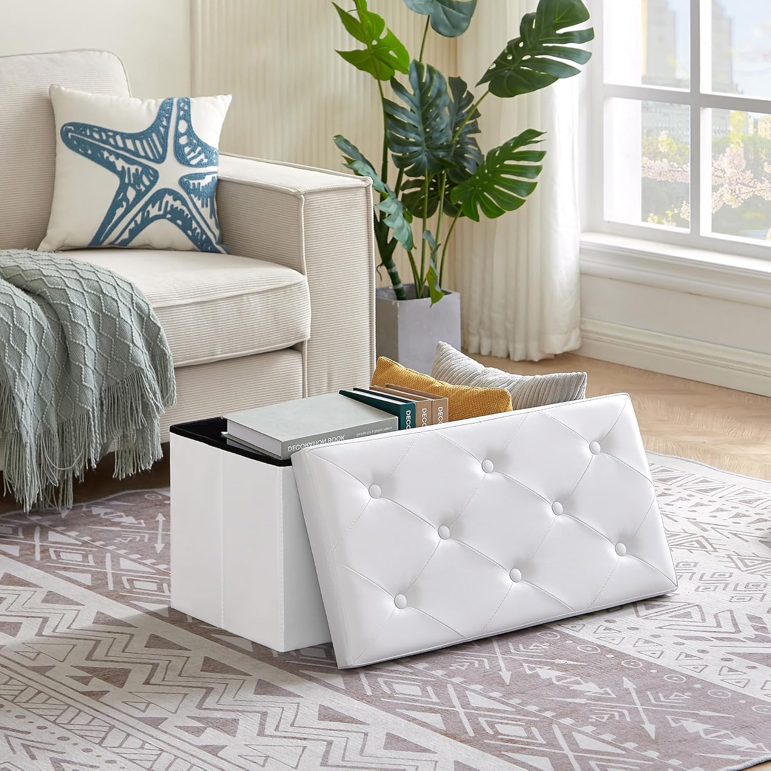VECELO Banco otomano plegable de almacenamiento de 30 pulgadas, taburete y reposapiés versátil, banco de dormitorio con almacenamiento, baúl de