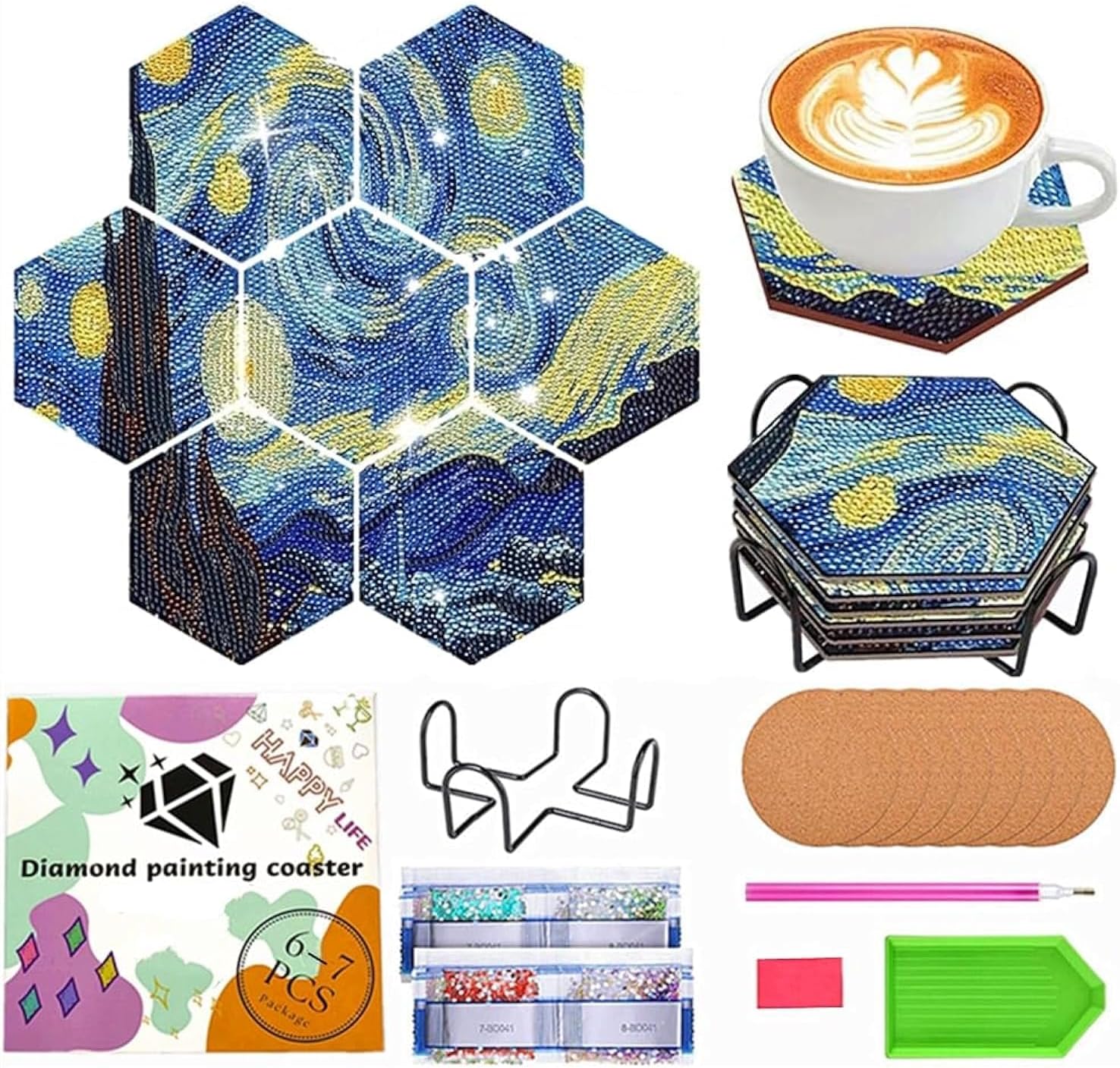 Kits de pintura de diamantes Posavasos Starry Night, 7 posavasos hexagonales de arte de diamantes con soporte, kits de pintura de diamantes pequeños