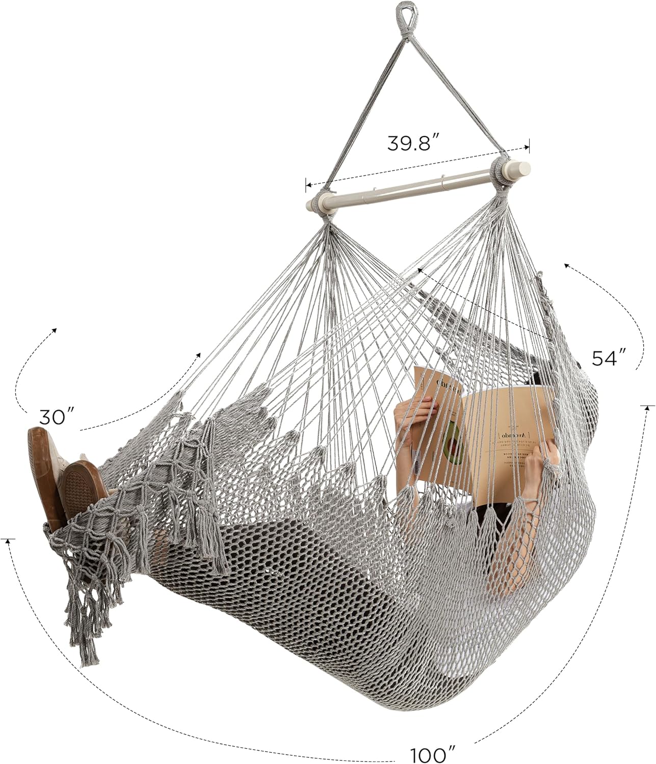 HBlife Silla hamaca de macramé de 330 libras con barra de metal portátil tejida a mano cuerda de algodón hamaca columpio para dormitorio, gris,