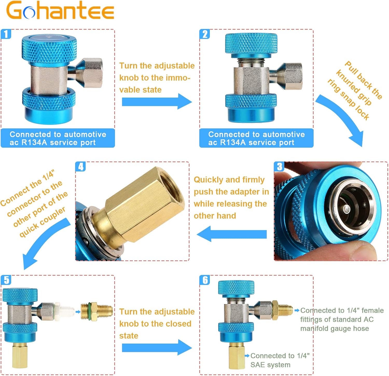 Adaptador de acoplador rápido ajustable de CA R134A, kit alto y bajo con válvula de grifo de perforación R134A, adaptador de tanque R134A, 2