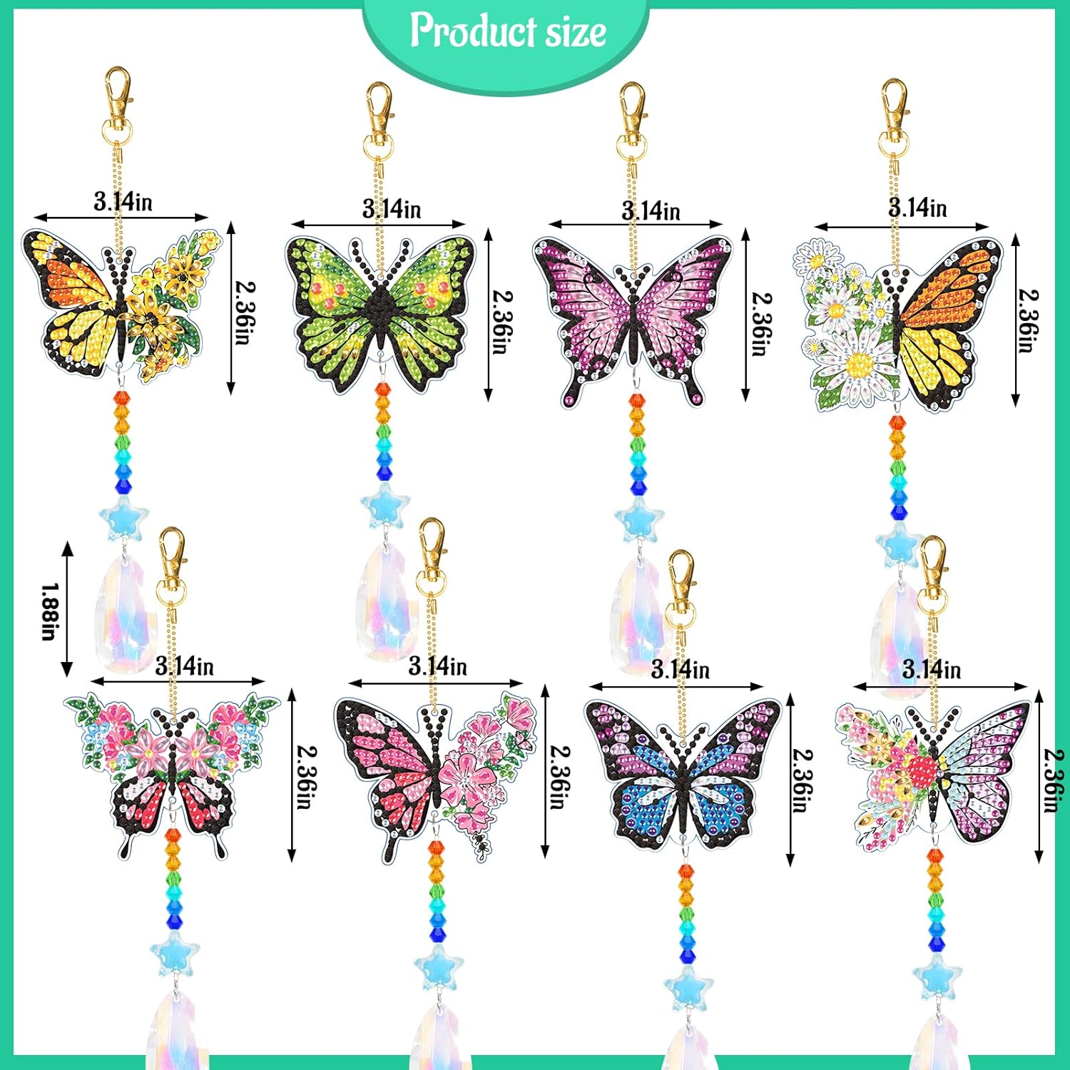 8 piezas de pinturas de diamantes de mariposa, atrapasoles de doble cara, pinturas de diamantes 3D de doble cara, pintura de campanilla de viento