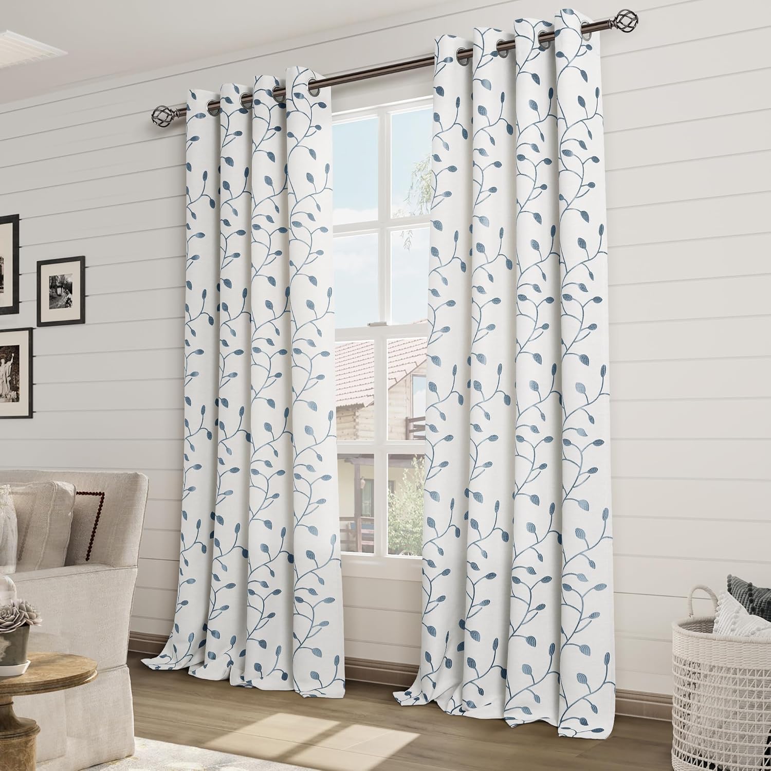 Cortinas bordadas de color blanco crema de 96 pulgadas de largo para sala de estar, 2 paneles con ojales, filtrado de luz, oscurecimiento de