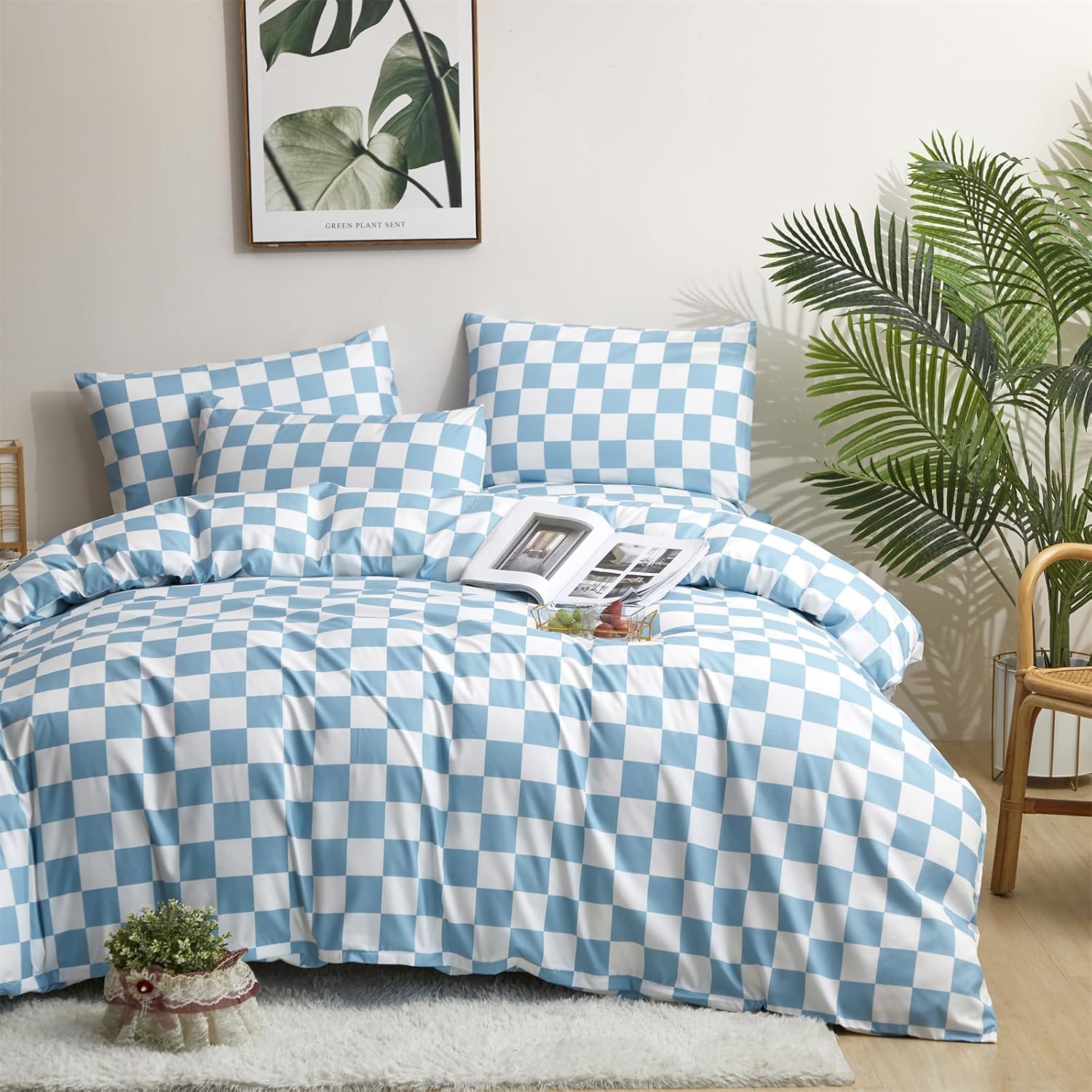 Juego de edredón de cuadrícula azul y blanco, juego de ropa de cama a cuadros azules y blancos para niñas, juego de edredón transpirable para niños,