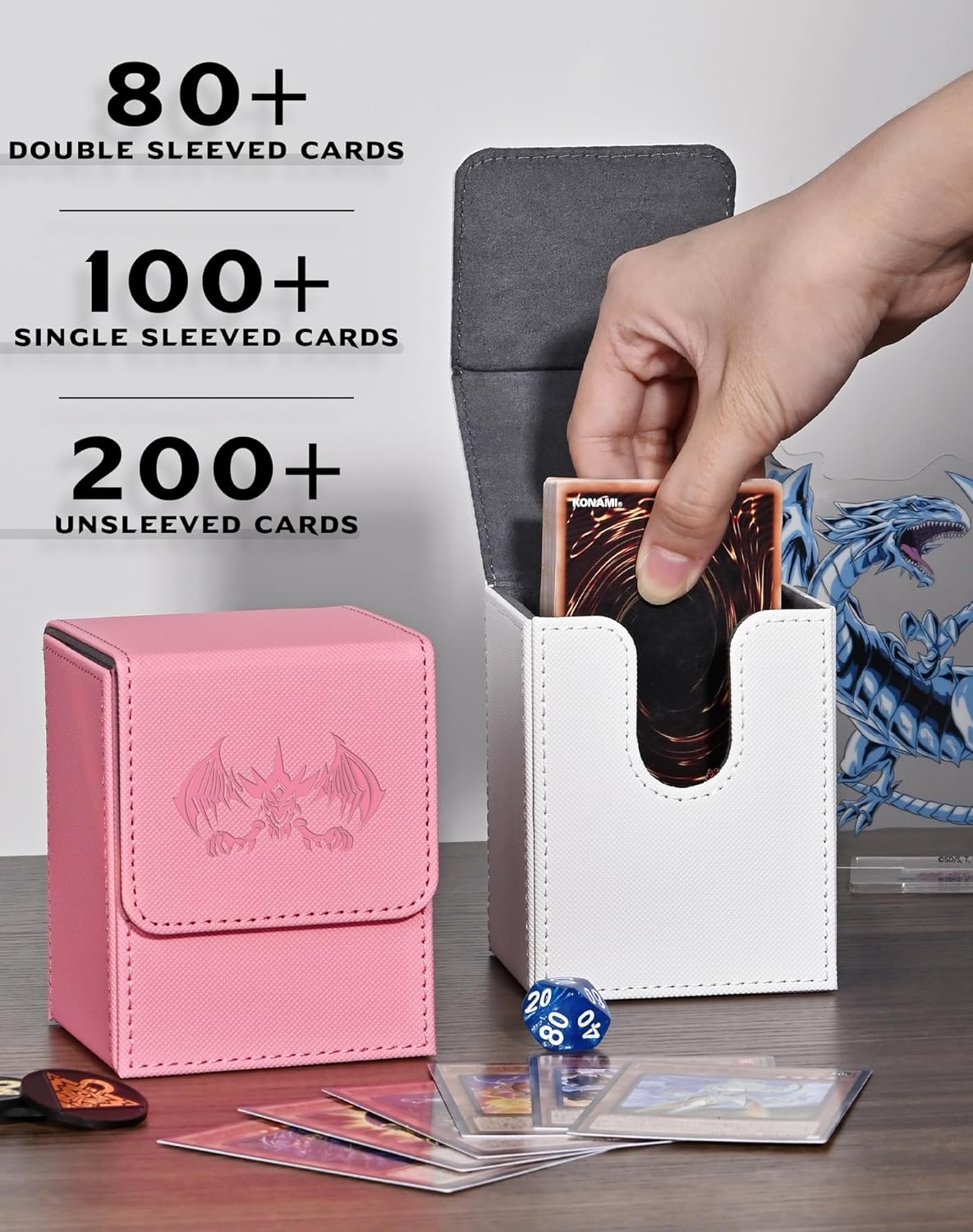 UAONO Caja de cartas para tarjetas Yugioh MTG, más de 100 fundas con 2 divisores para TCG CCG, caja de almacenamiento de tarjetas de piel sintética