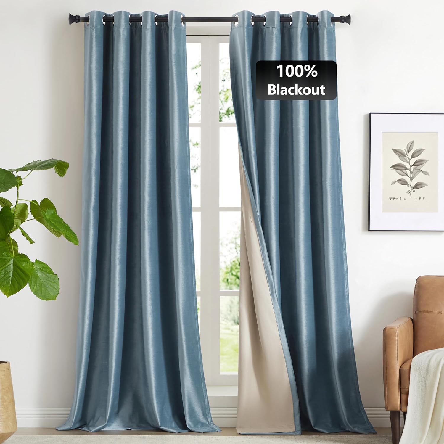 GIGIZAZA Cortinas de terciopelo 100% opacas de 96 pulgadas, 2 paneles, cortinas de ventana azul piedra con forro térmico de lujo para sala de estar,