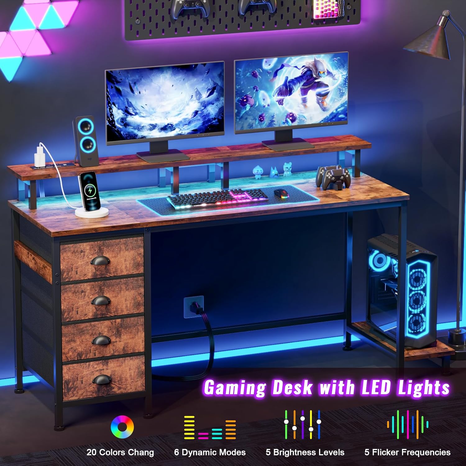 Furologee Escritorio de computadora de 55 pulgadas con 4 cajones, escritorio LED para juegos con tomas de corriente, escritorio de oficina con