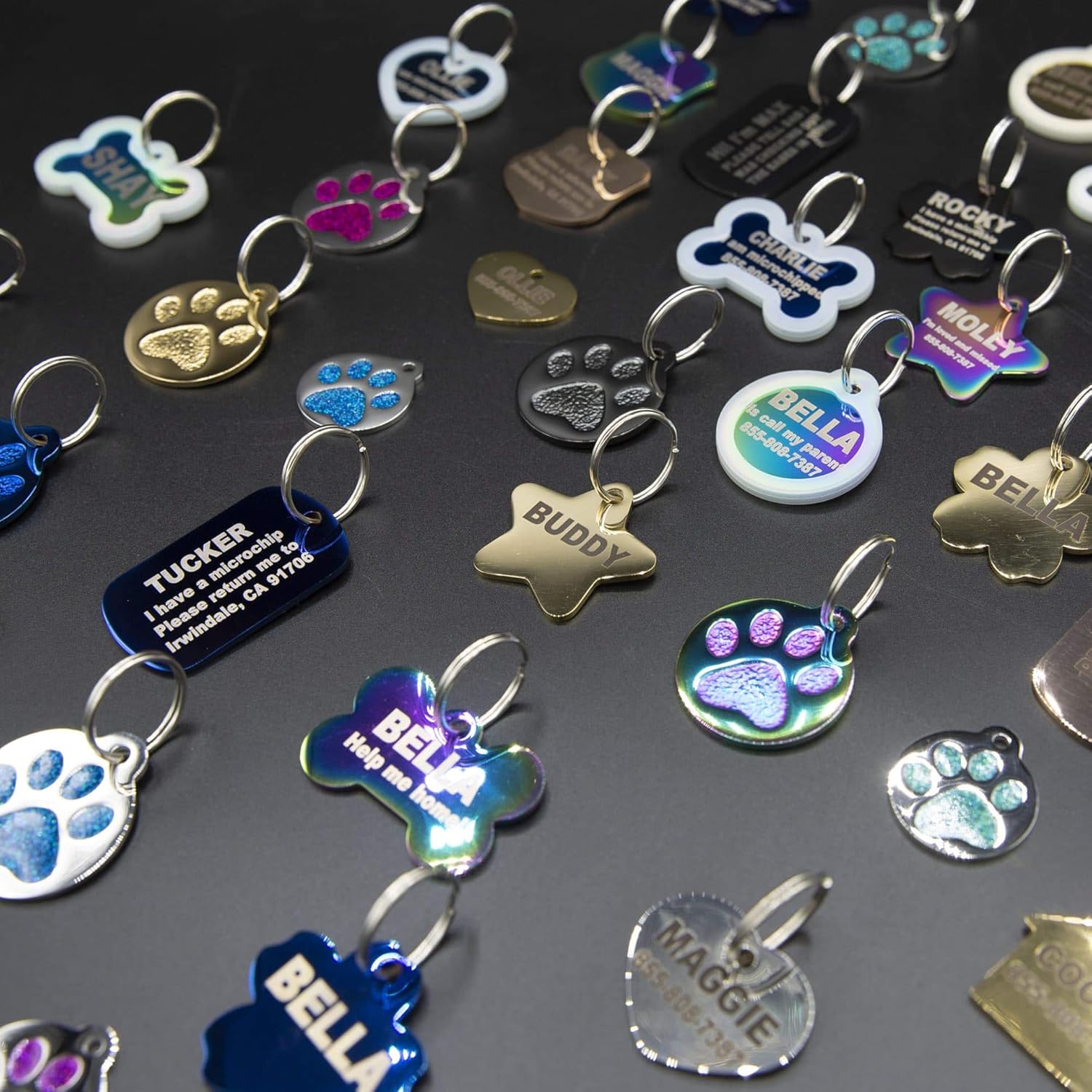 Etiqueta grabada para mascotas para perros y gatos, personalizada con 4 líneas de identificación grabada, huella de pata redonda, acero inoxidable
